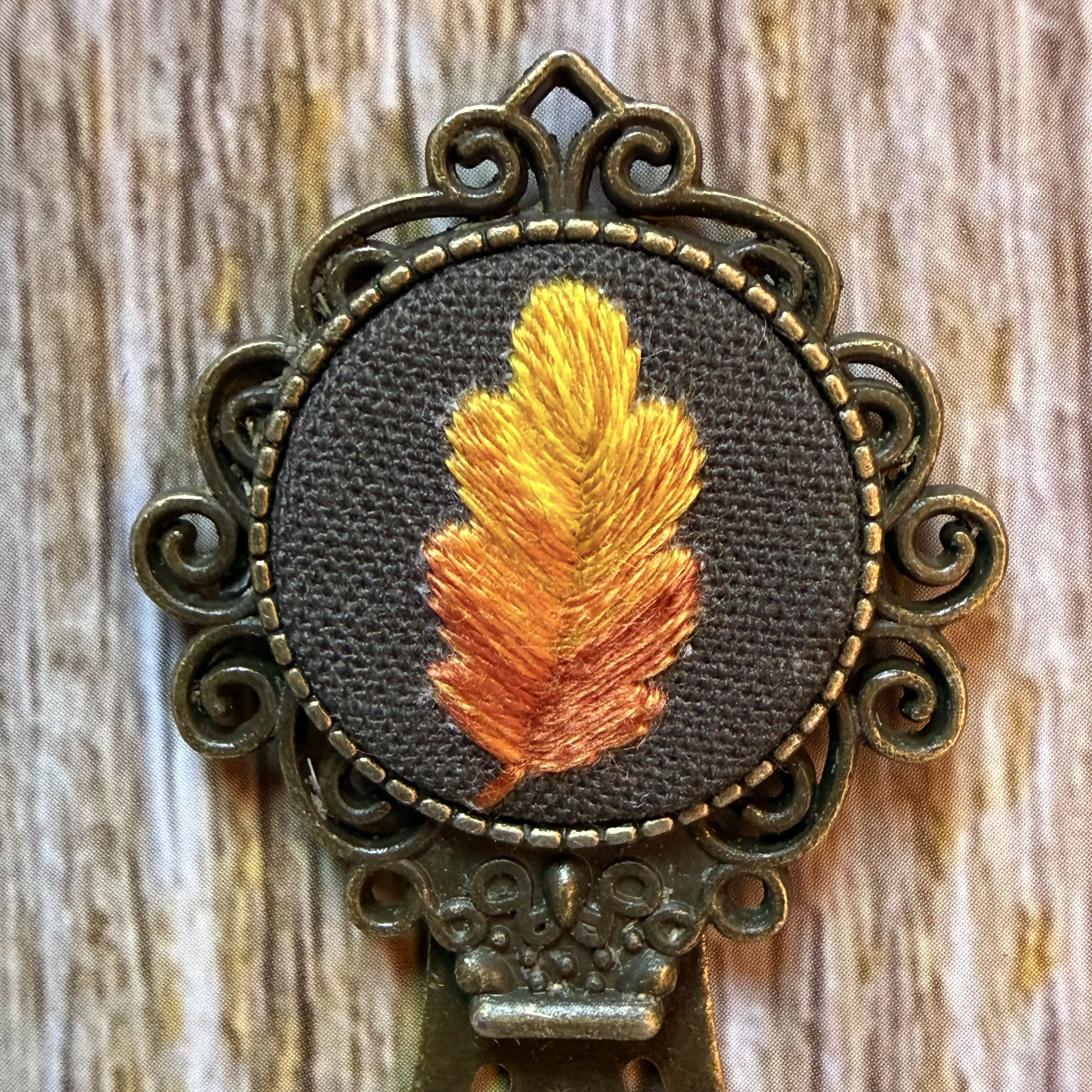 Bronze Hand Embroidered Autumnal Oak Leaf Vintage Bookmark