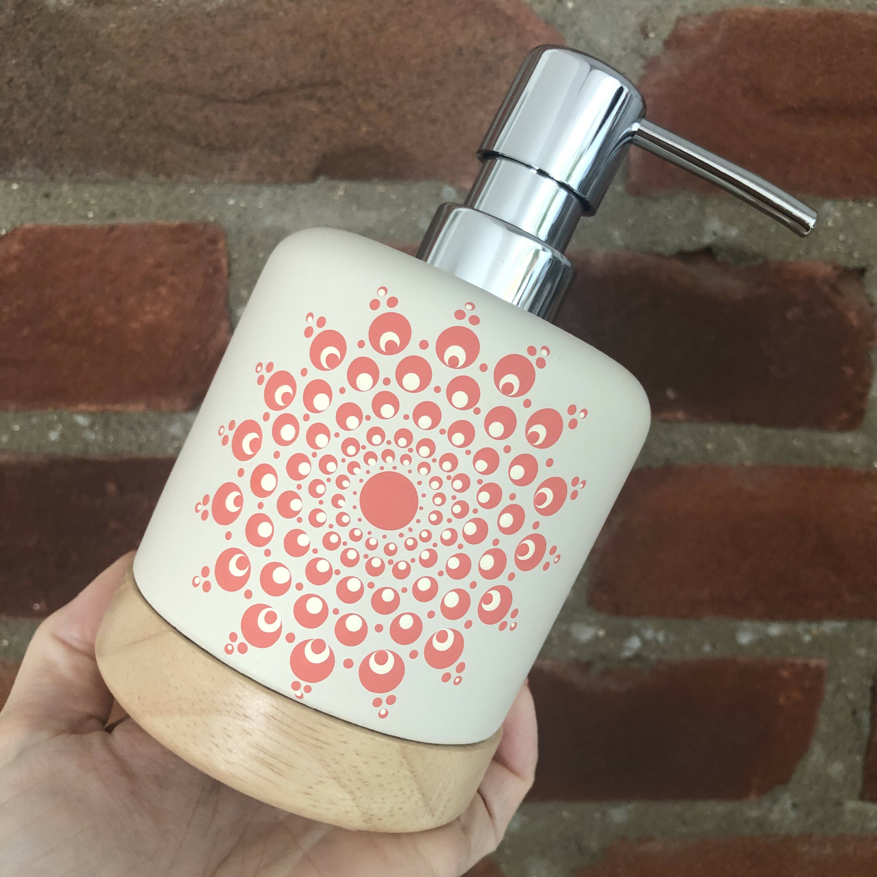 Hand Painted Dot Mandala Scandi Soap Dispenser: Coral Blush and white