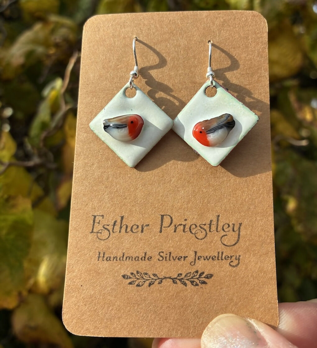 Handmade Robin In The Snow Christmas Earrings Enamel And Sterling Silver