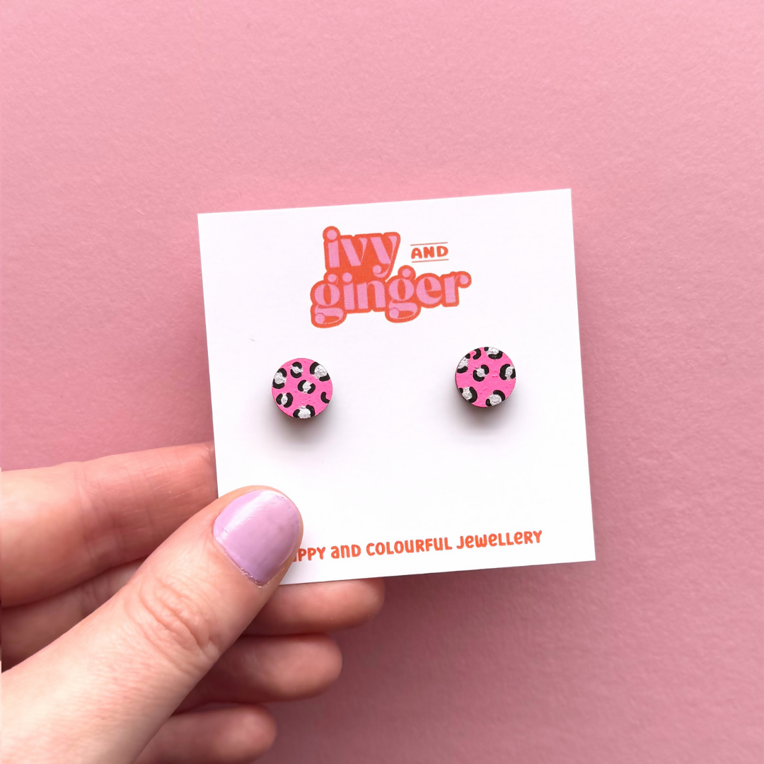 Mini Leopard Print Circle Stud Earrings in Bright Pink and Silver