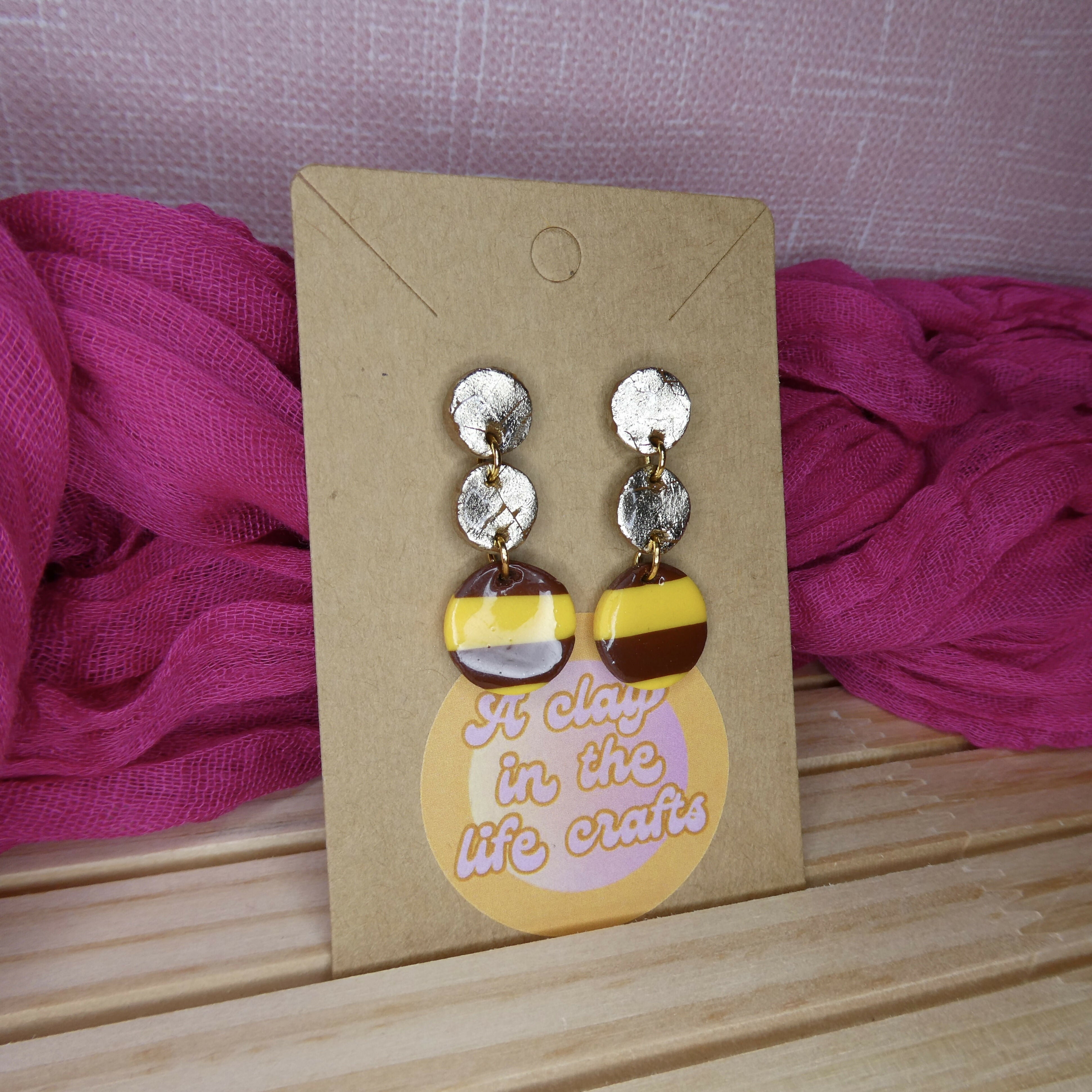 Small Gold Brown And Yellow Dangly Polymer Clay Earrings
