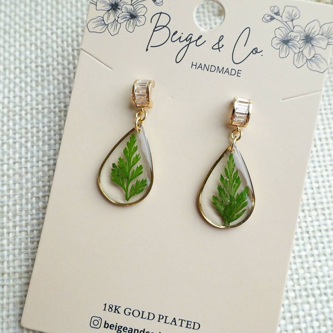 Sparkly Oval Real Leaf Earrings