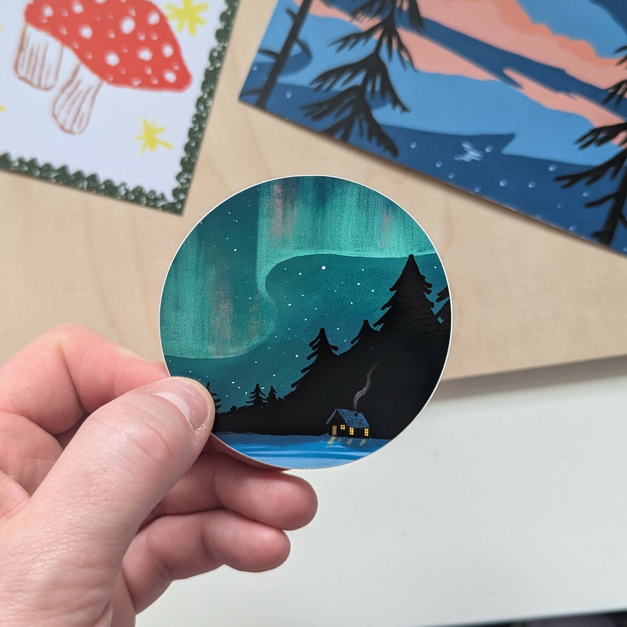 Northern Lights Cabin Illustrated Vinyl Sticker