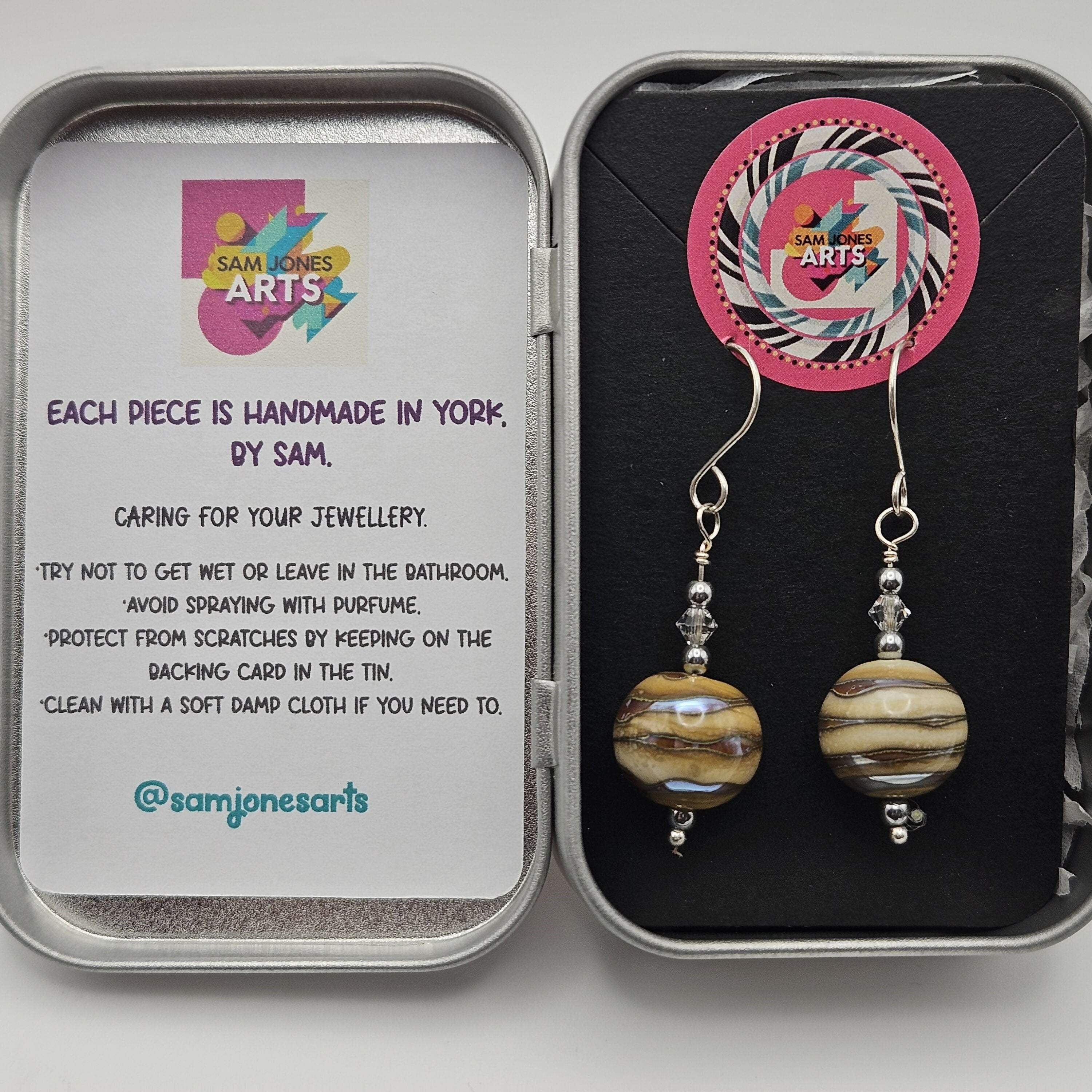 HAND LAMPWORKED GLASS ROUND EARRINGS, WITH DICHROIC GLASS,STERLING SILVER AND SWAROVSKI CRYSTALS.