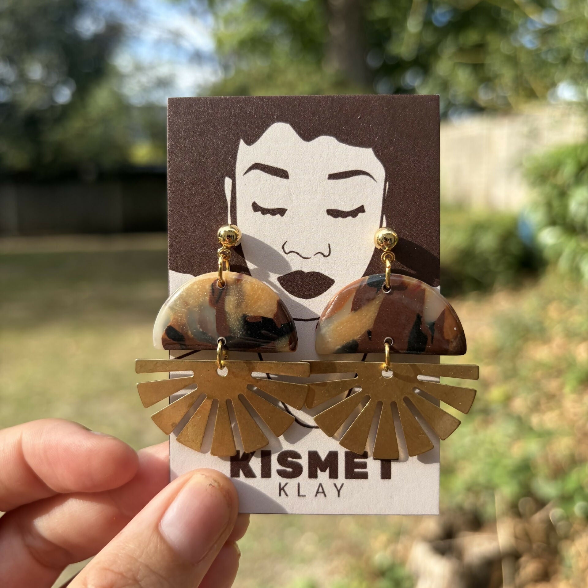 Indie Tortoiseshell Polymer Clay & Brass Sunburst Statement Earrings