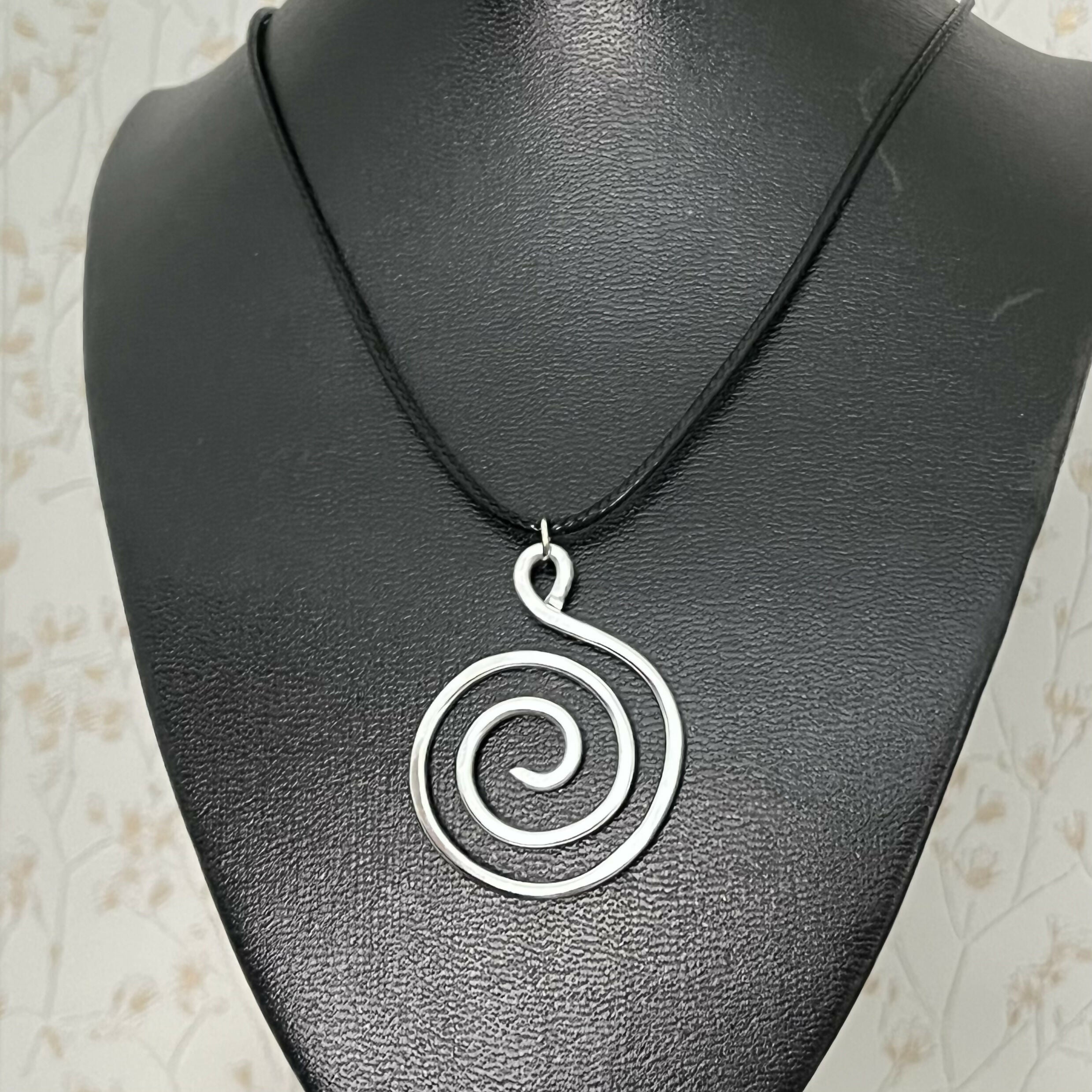 Silver Spiral Pendant Black Cord Necklace