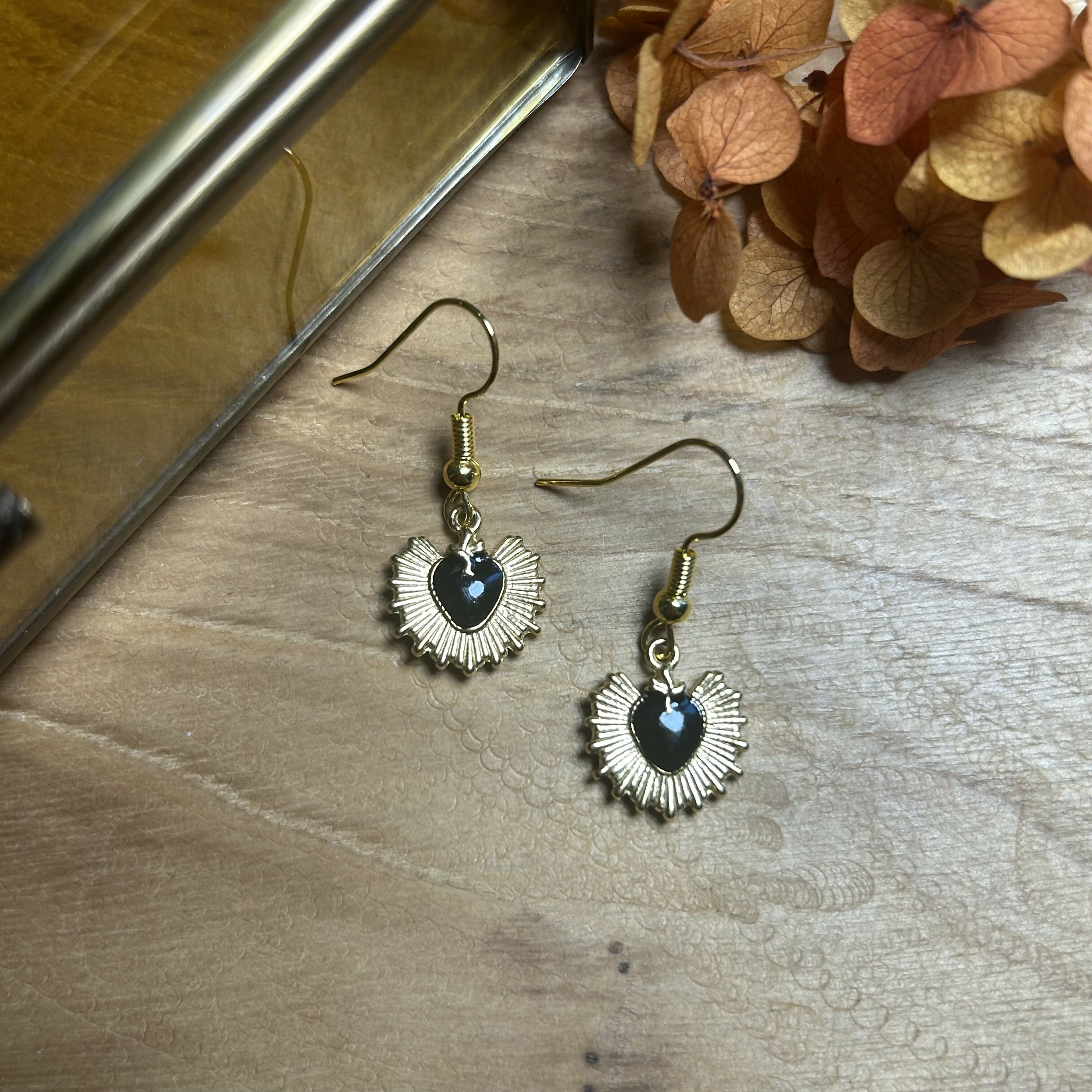 Lovely Gold & Black Sacred Heart Earrings