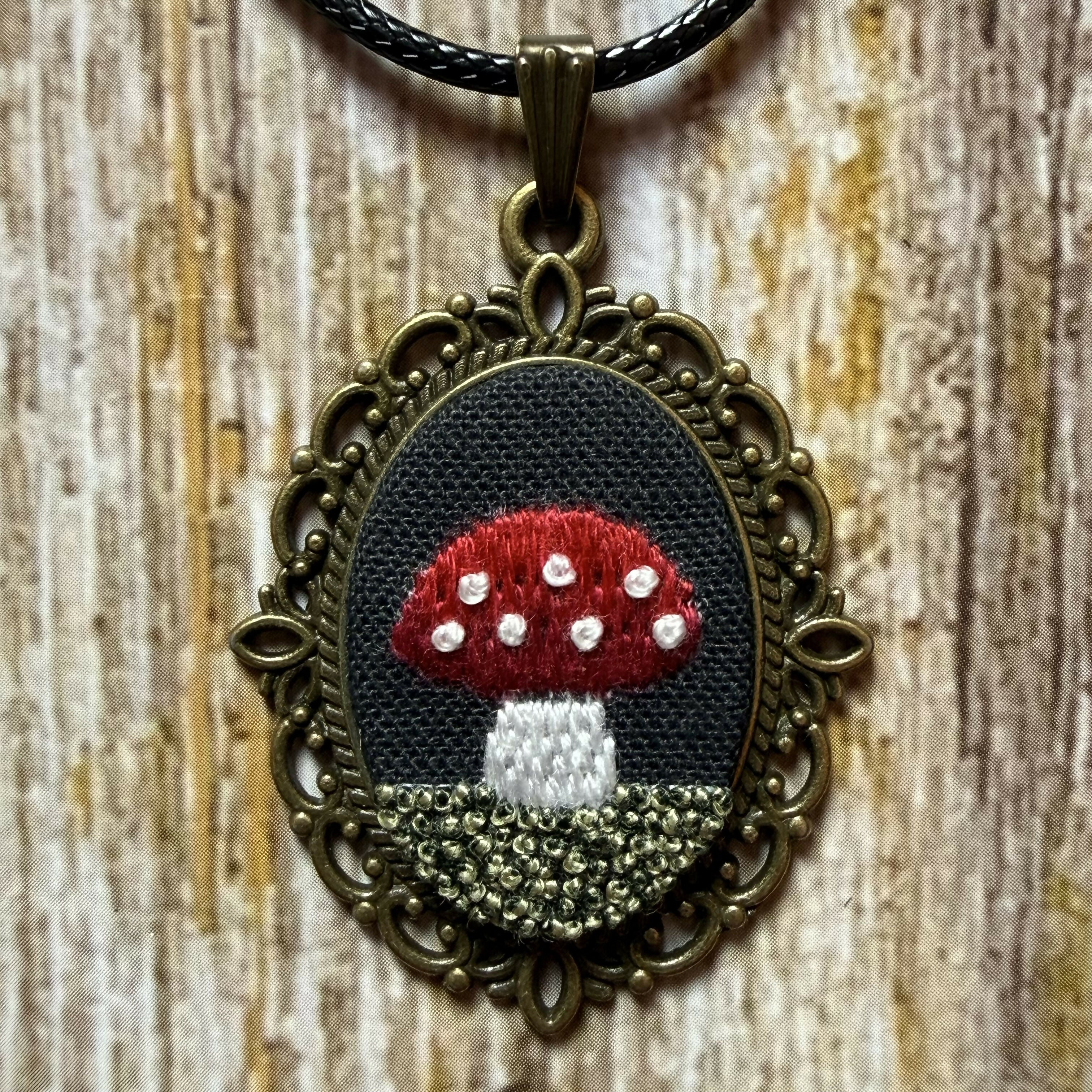 Hand Embroidered Mushroom Necklace