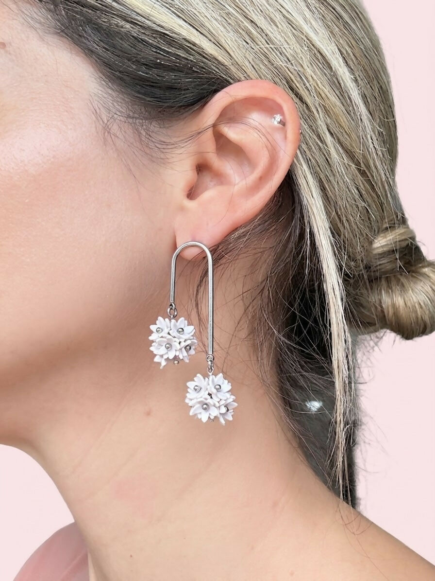 Floral Drop Earrings with Gold and Silver Arc and Flower Cluster