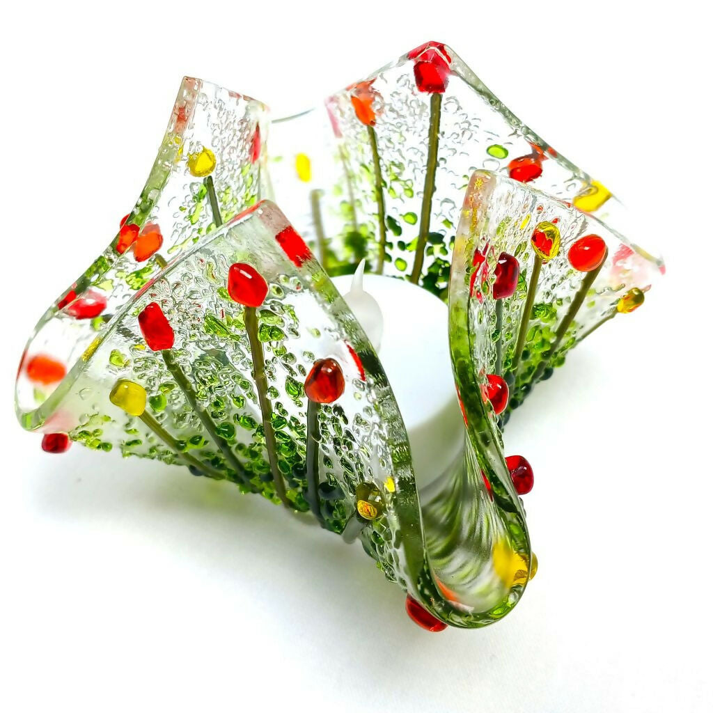 Handmade Handkerchief Tea Light Holder With Red, Orange & Yellow Flowers