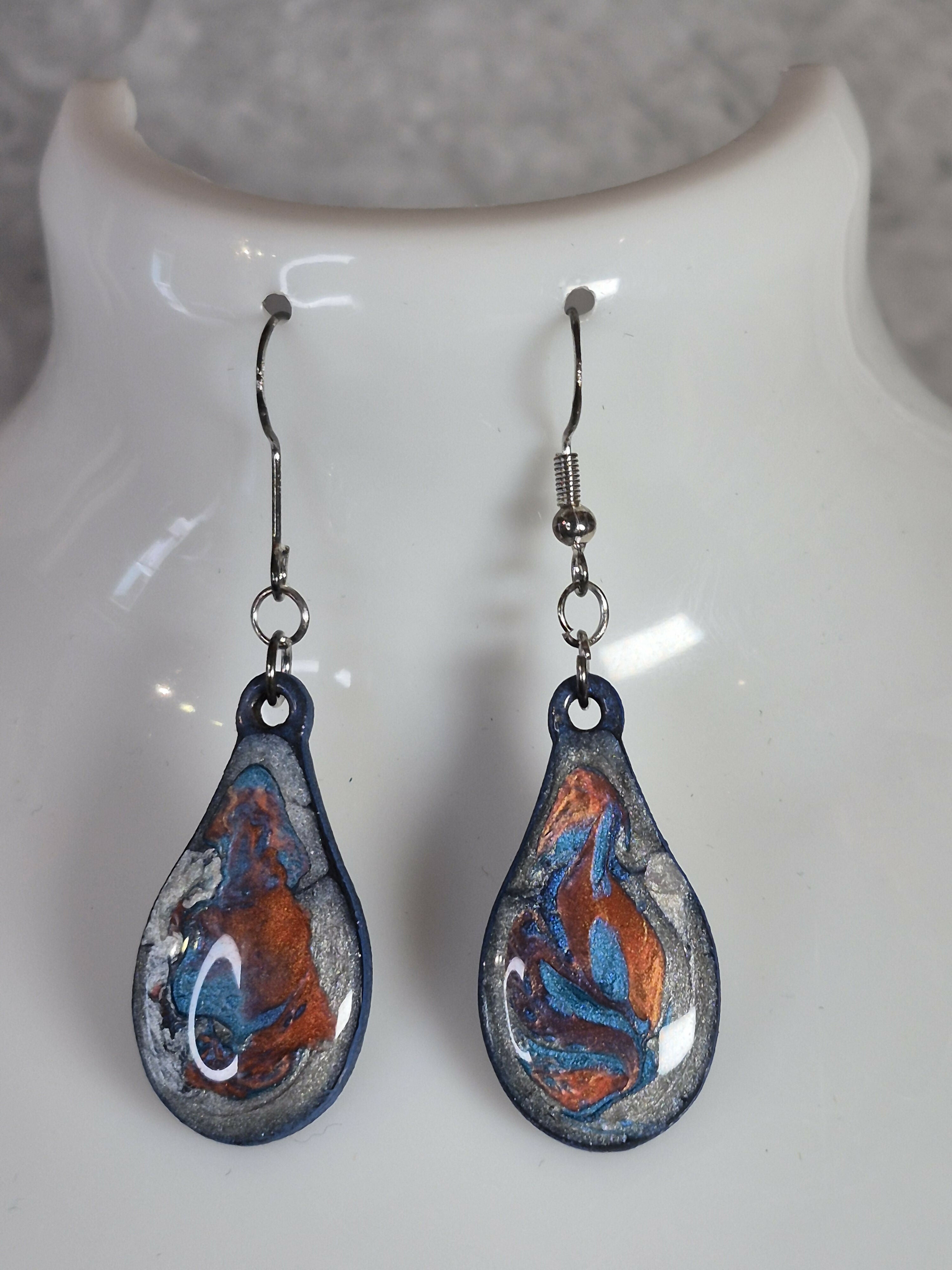 Handcrafted Teardrop Earrings With Blue, Silver And Red Colours