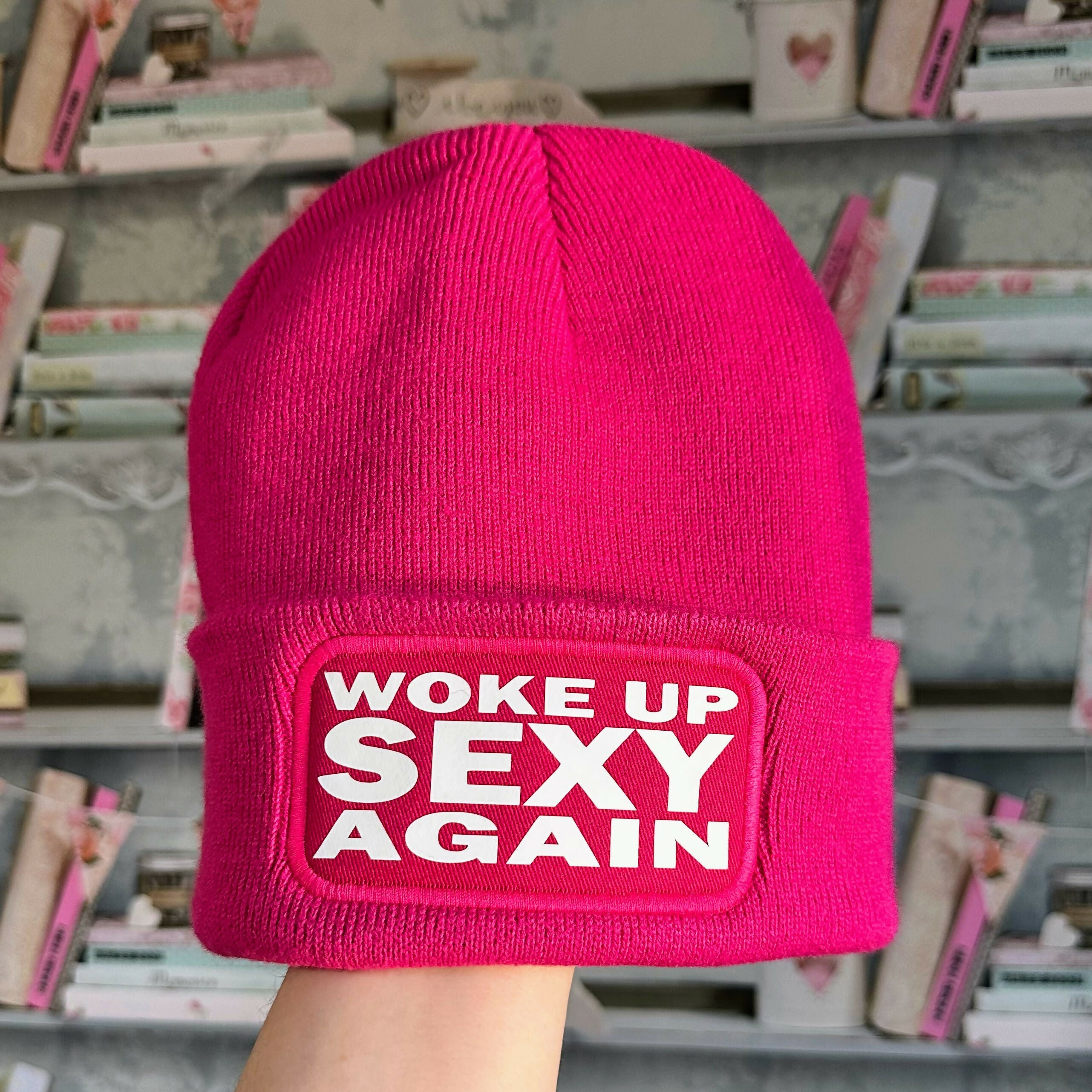 Woke Up Sexy Again Cuffed Rectangular Patch Beanie Hat