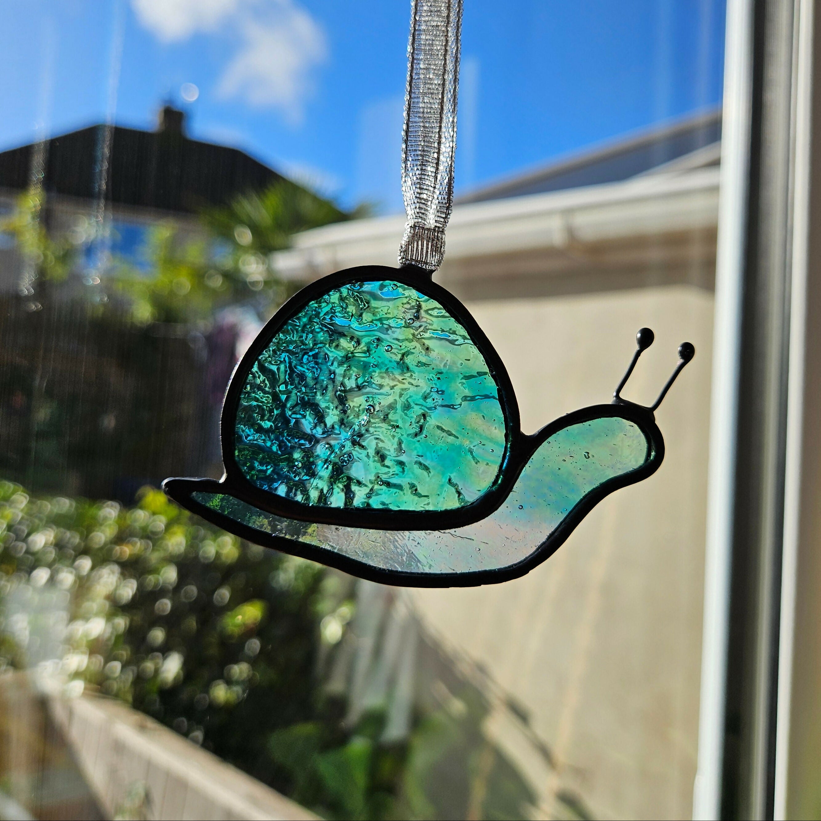 Textured Iridescent Green-Blue Snail Stained Glass Suncatcher