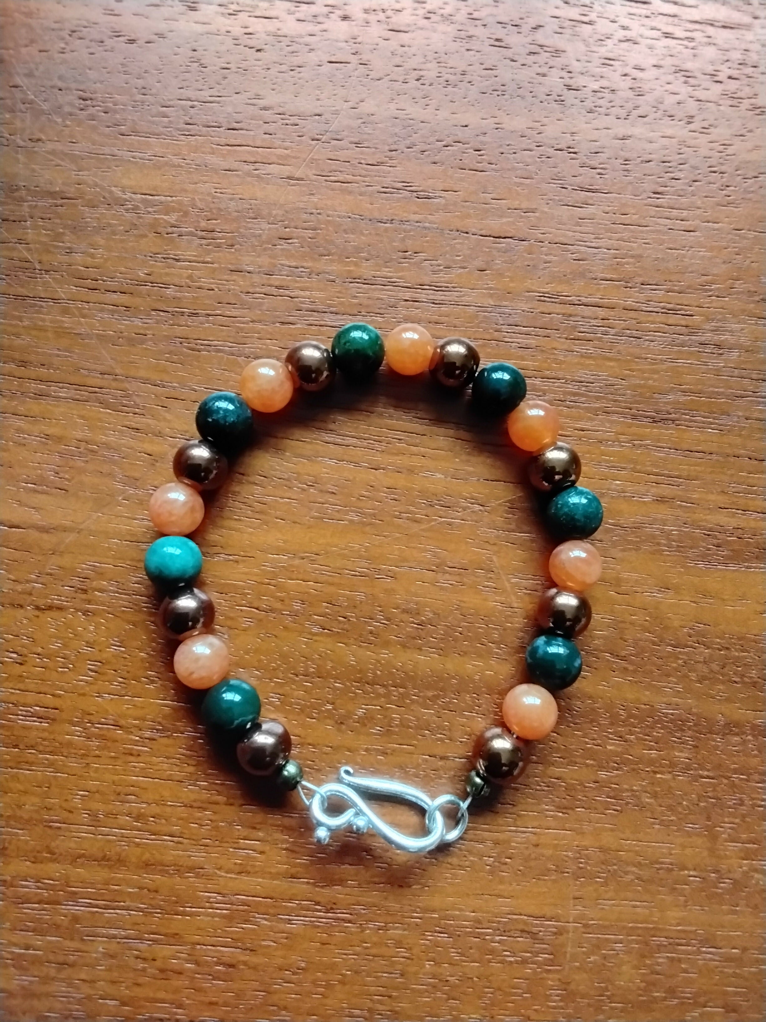 Tibetan Silver Toggle Catch Bracelet with Copper Hematite, Orange Chalcedony & Water Grass Agate.