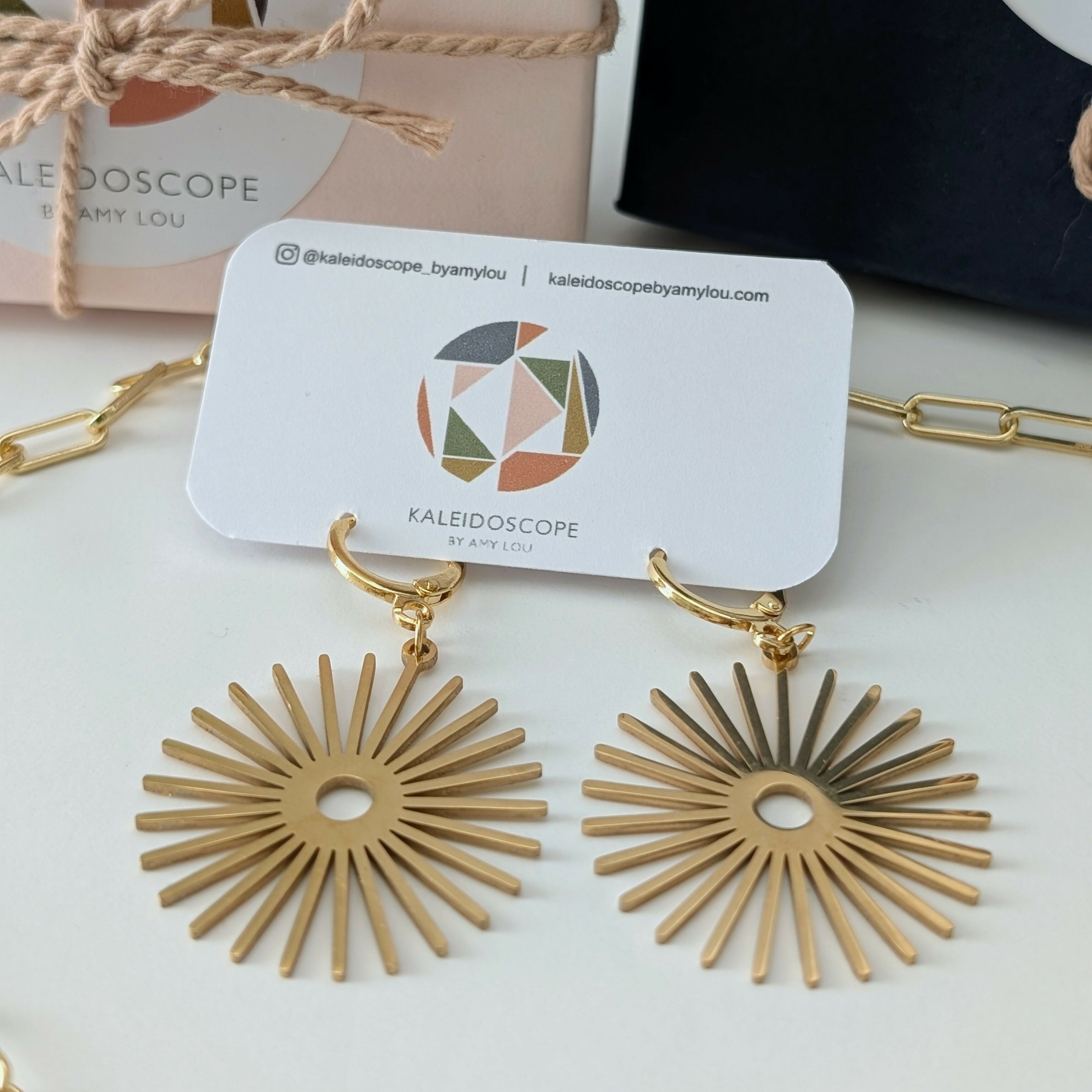 Gold Sunburst Earrings on Gold Plated Huggie