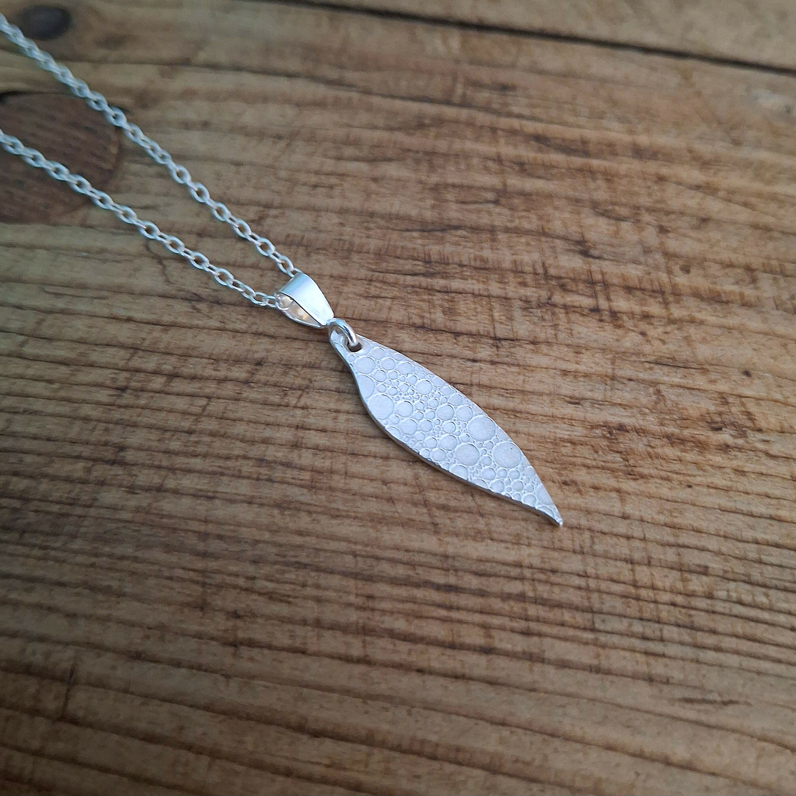 Handmade Silver Drop Leaf Necklace Bubble Texture