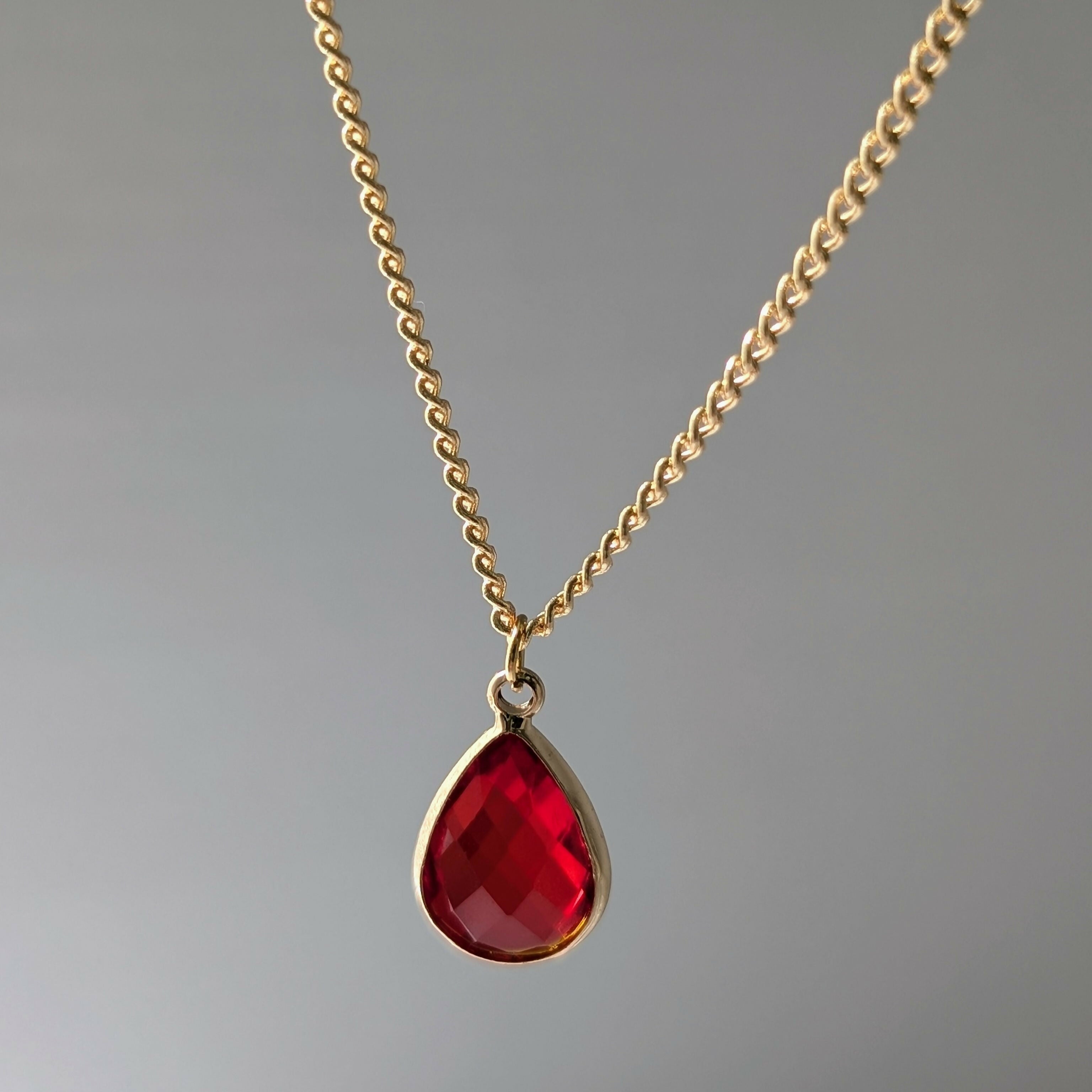 Vibrant Red Faceted Crystal Teardop Charm Necklace on a Gold Plated Chain