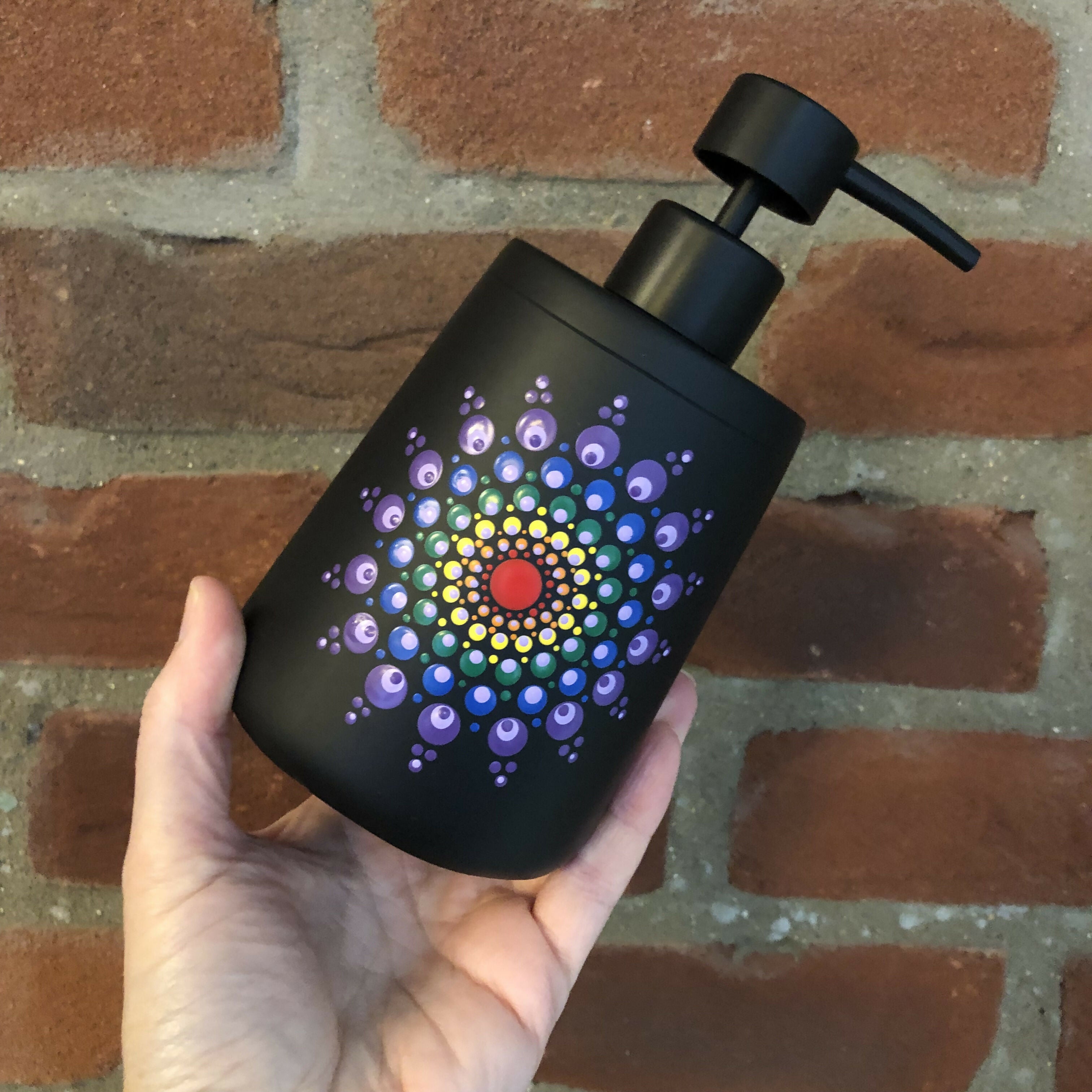Hand Painted Dot Mandala Boho Soap Dispenser: Rainbow