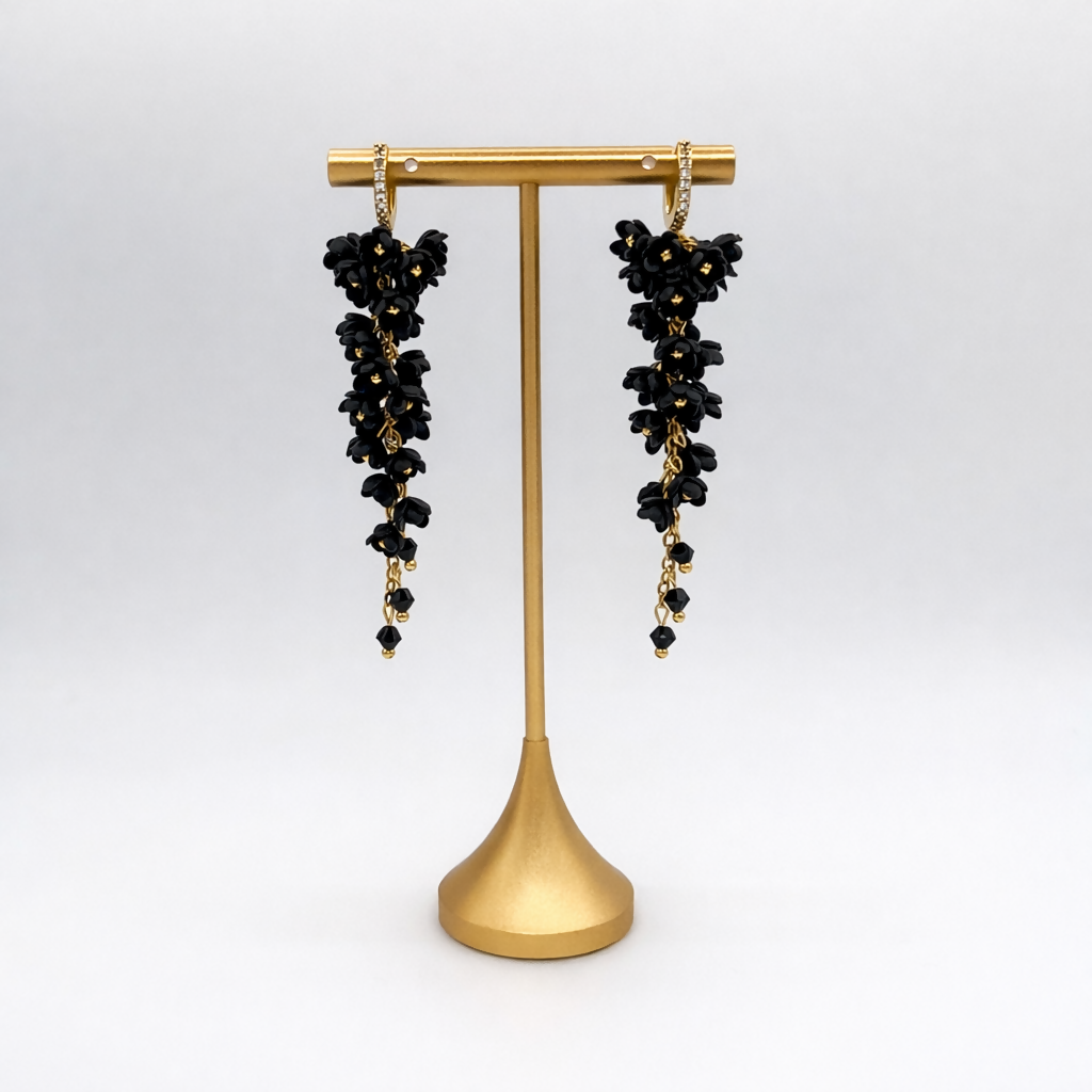 Cascading Flower Drop Earrings with Mini Floral Clusters in Black