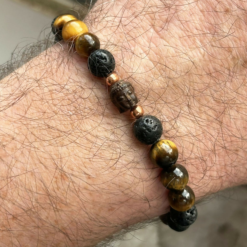 Men's Handmade Tiger's Eye And Lava Stone Buddha Bracelet