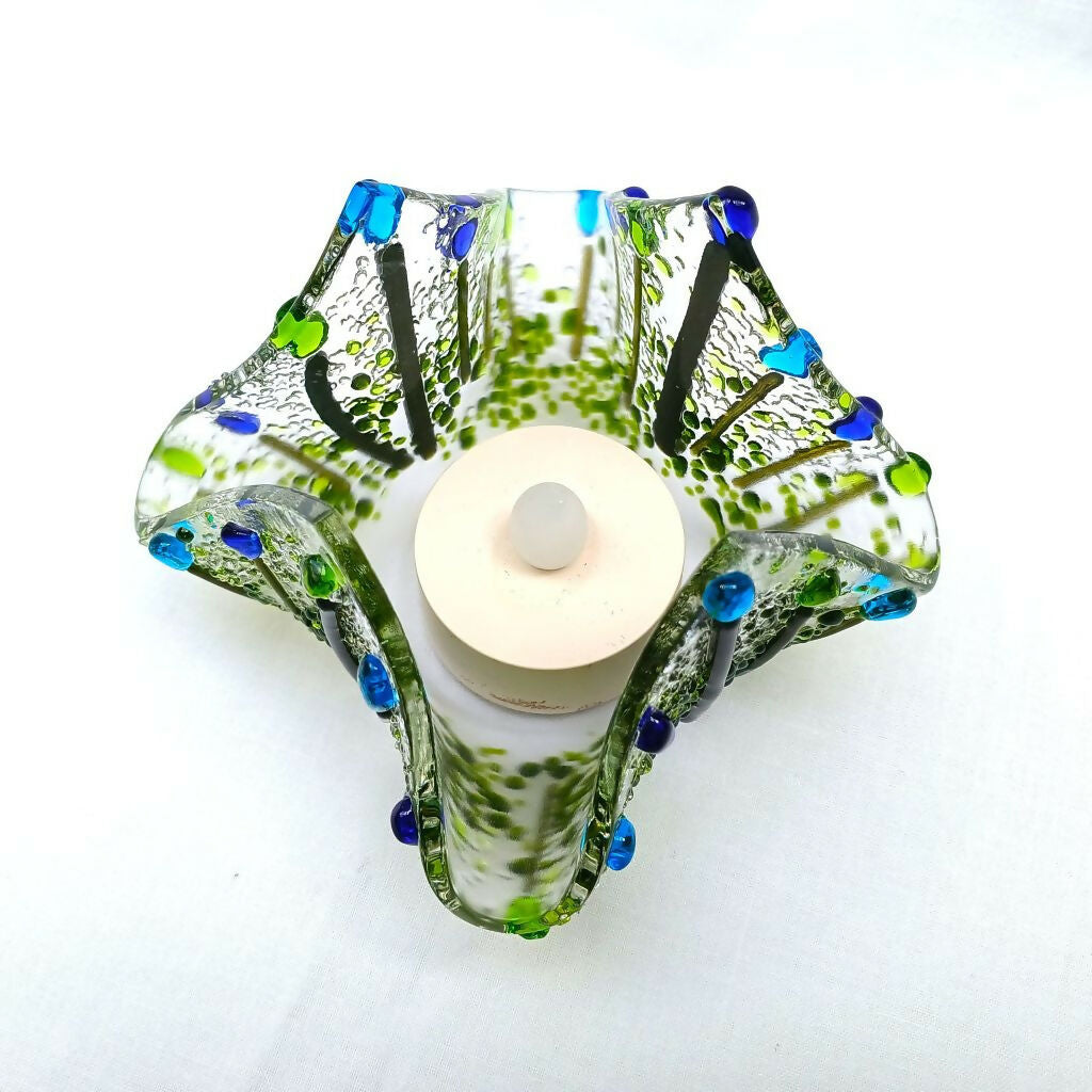 Handmade Handkerchief Tea Light Holder With Blue & Green Flowers