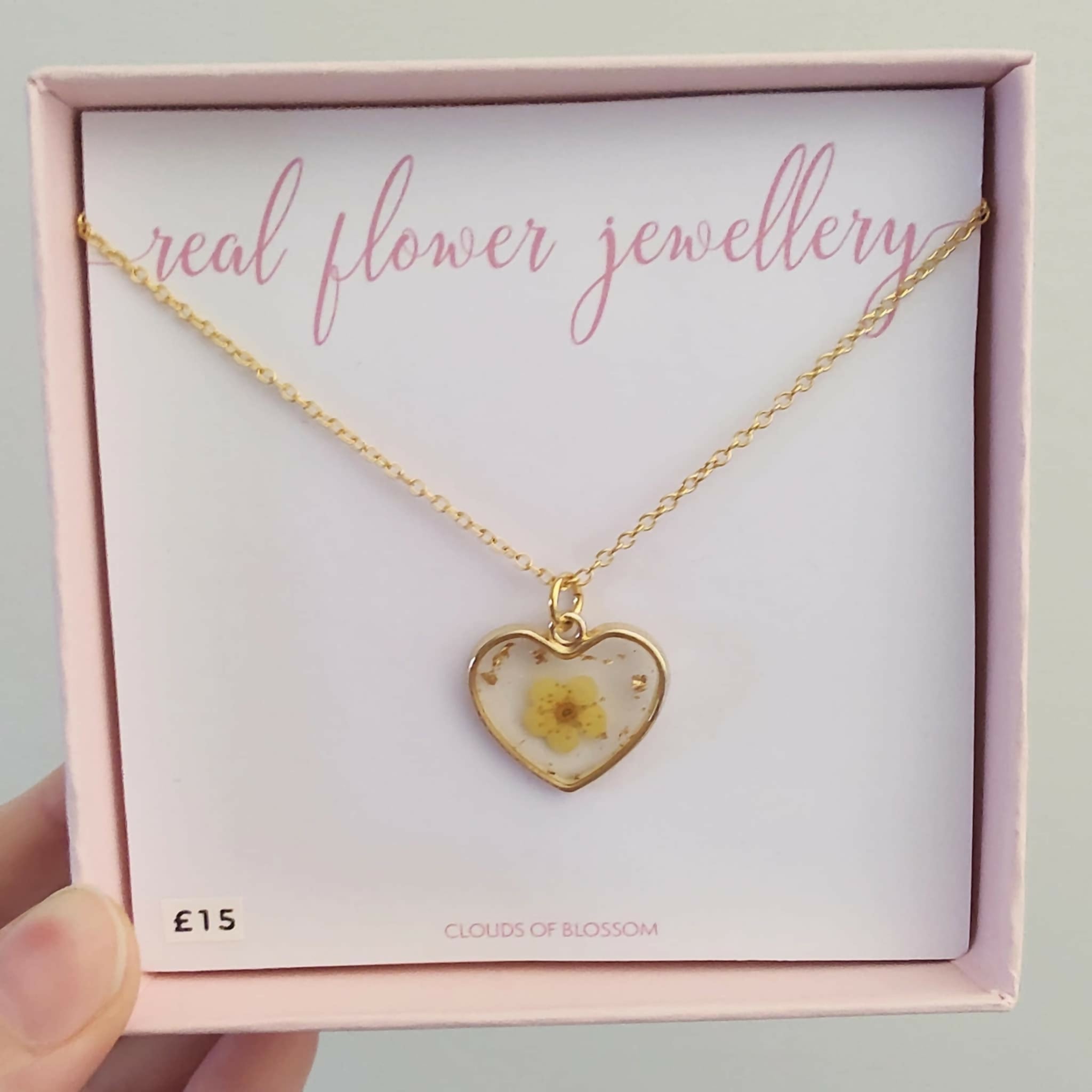 Real Flower Yellow Heart Necklace Gold Plated
