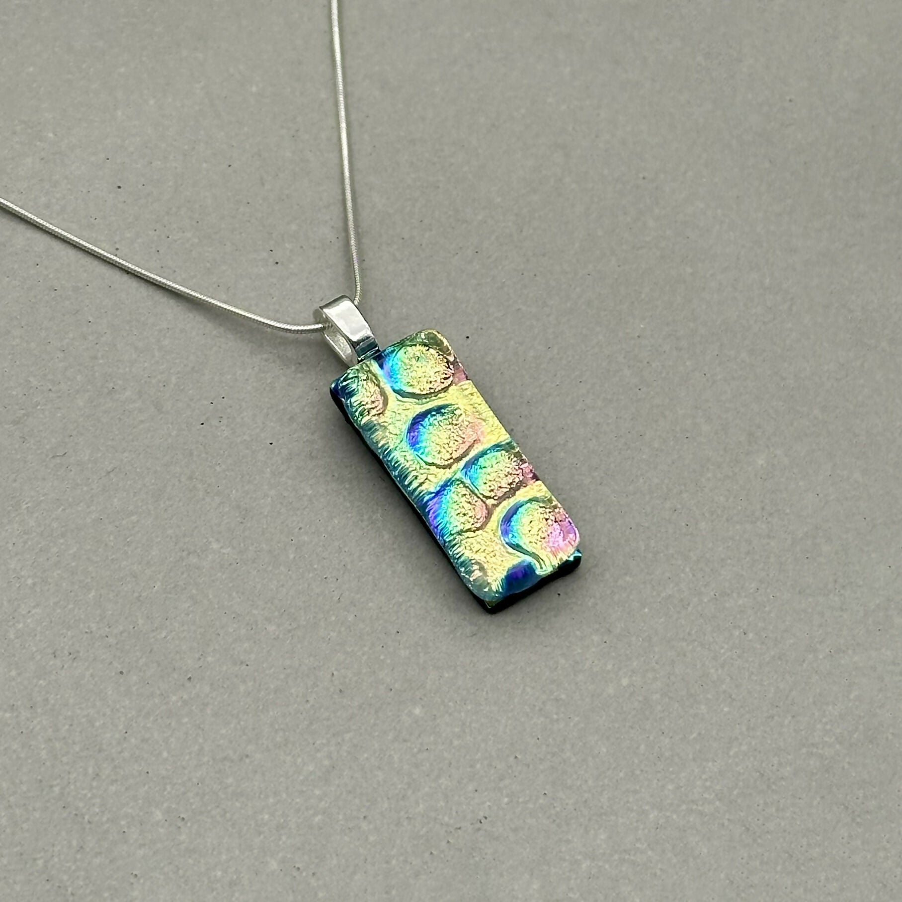 Yellow & Pink Bubble Dichroic Fused Glass Pendant with Silver Plated Chain - Handmade by Jade Tapson Glass.