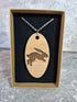 Unique Handcrafted, Oval, Cherry Veneered, Pendant With An Engraved Leaping Hare