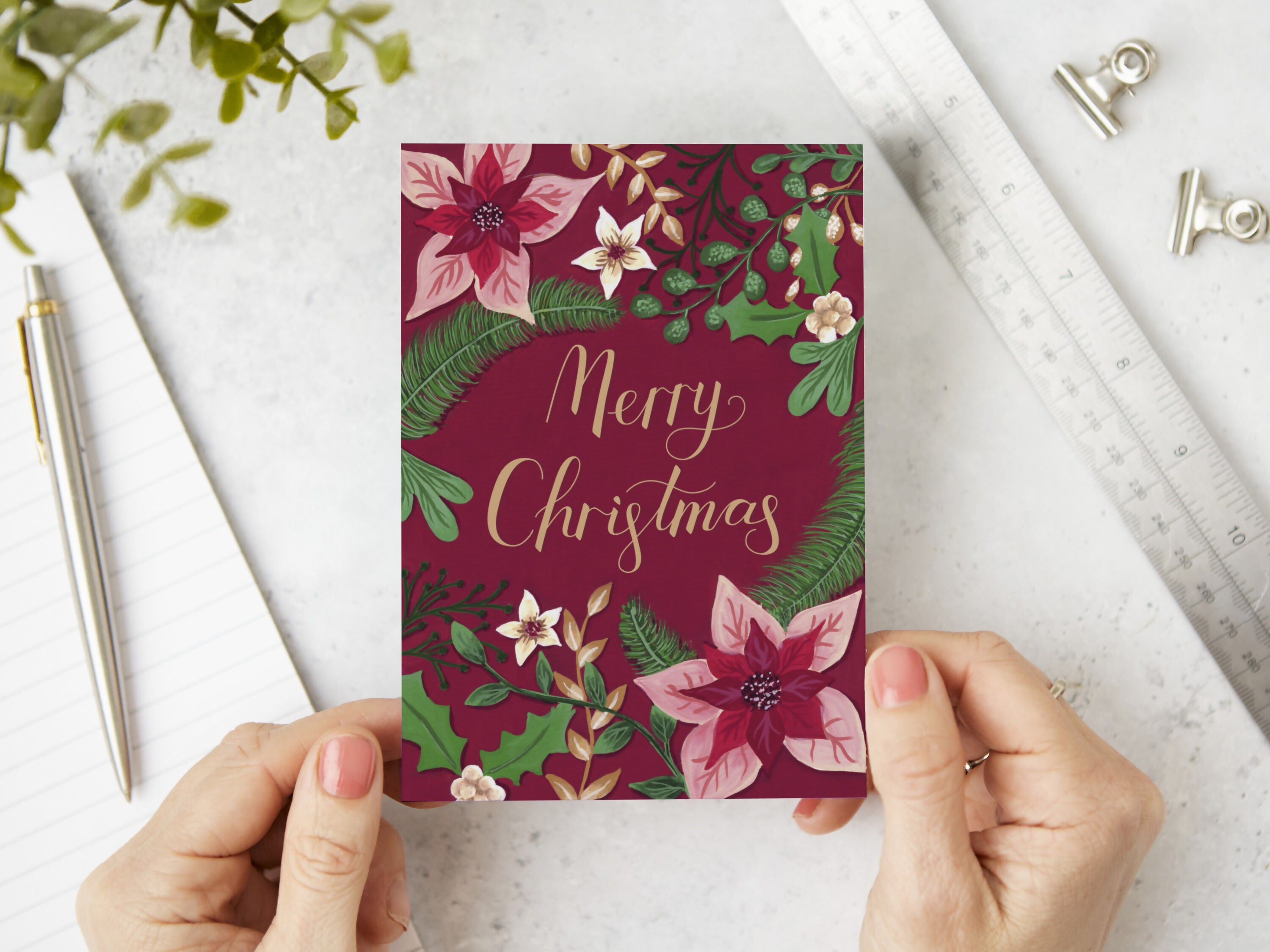Red Floral Merry Christmas Card A6