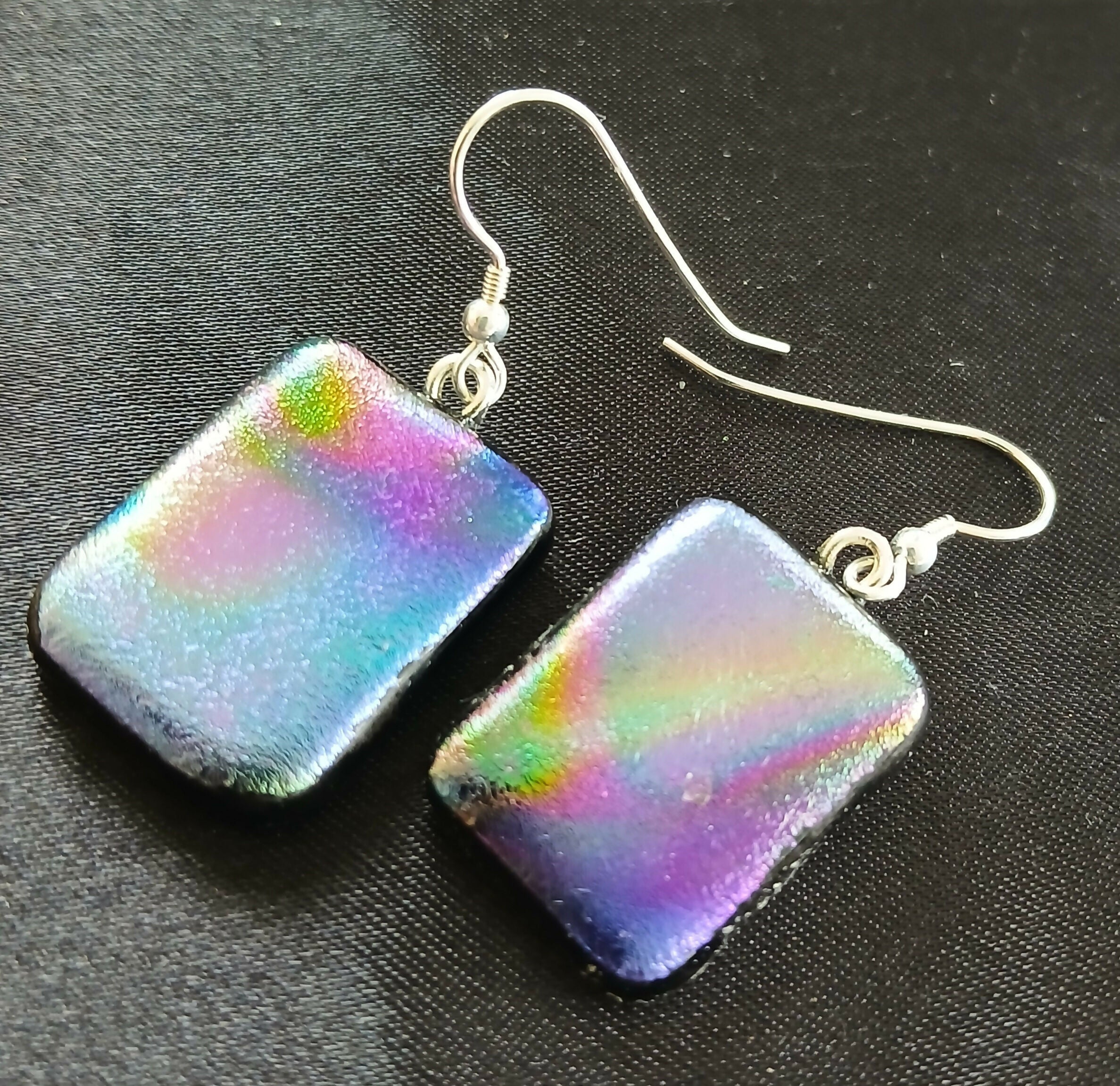 Fused Dichroic Glass Earrings in Rainbow with Sterling Silver Hooks