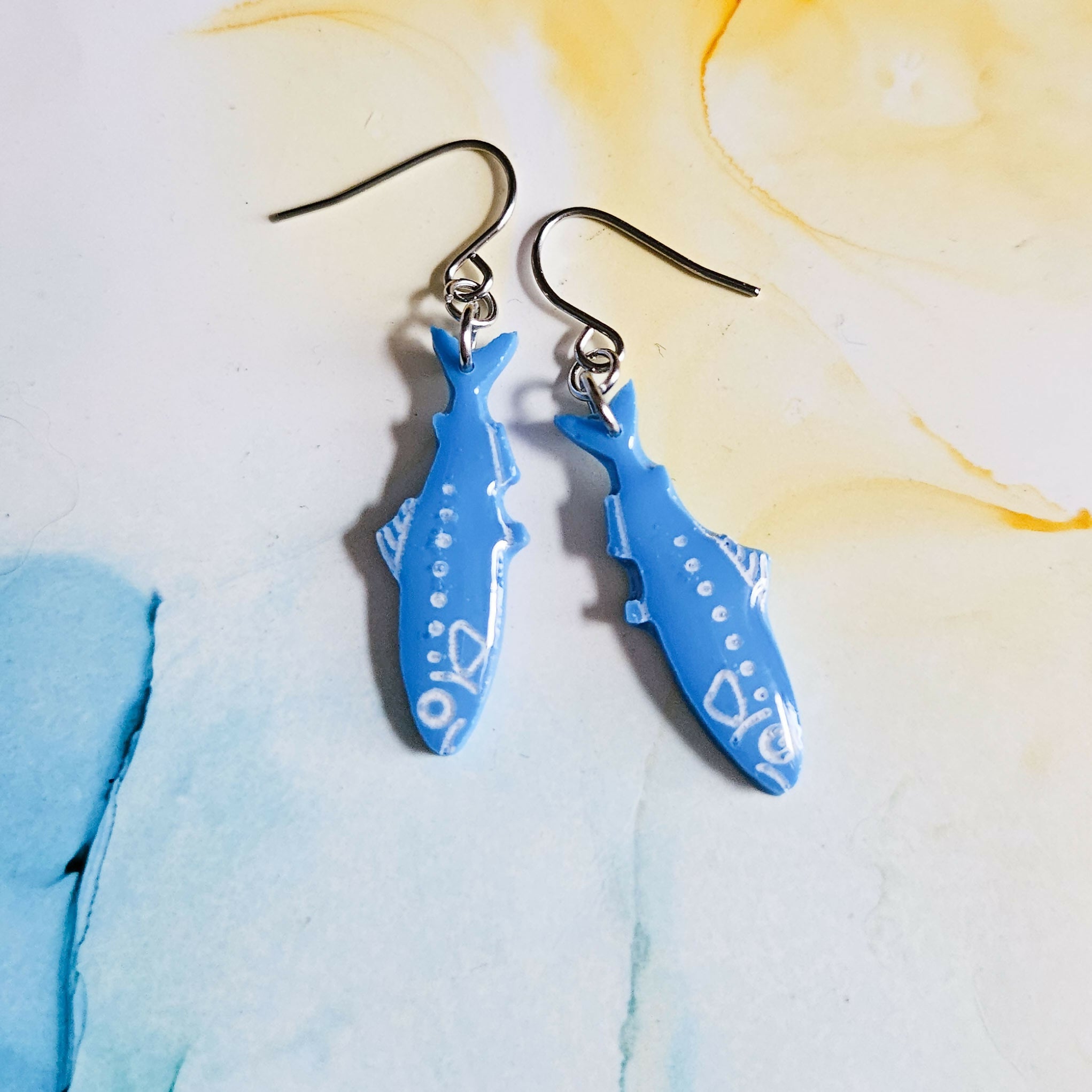 Handmade Blue Fish Resin Drop Earrings