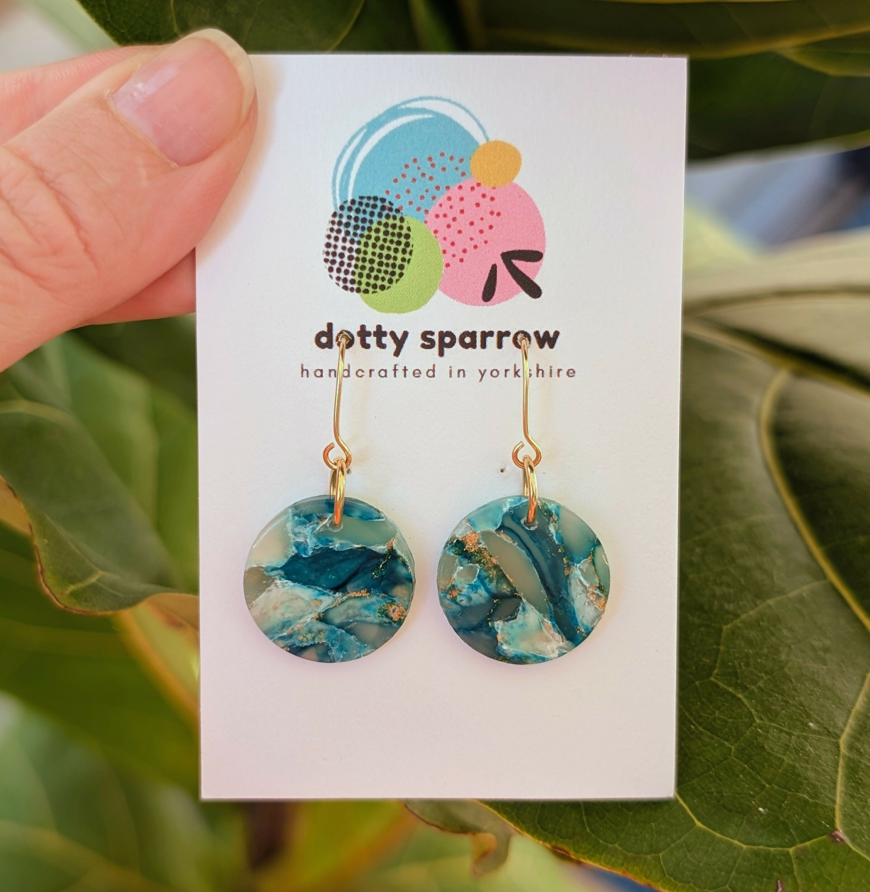 Green & Gold Faux Stone Circle Dangle Handmade Polymer Clay Earrings