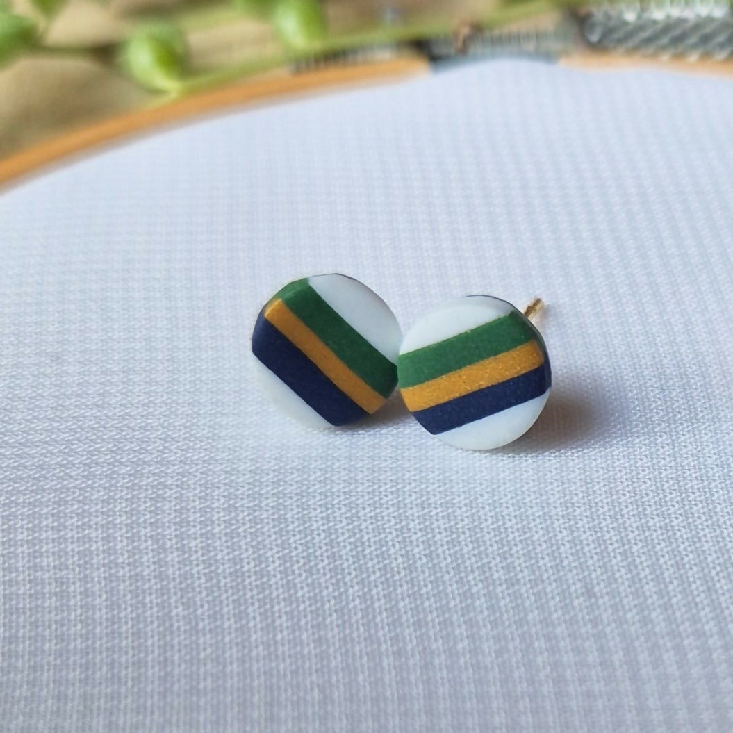 Green, Navy, Gold And White Stripe Circle Stud Earrings