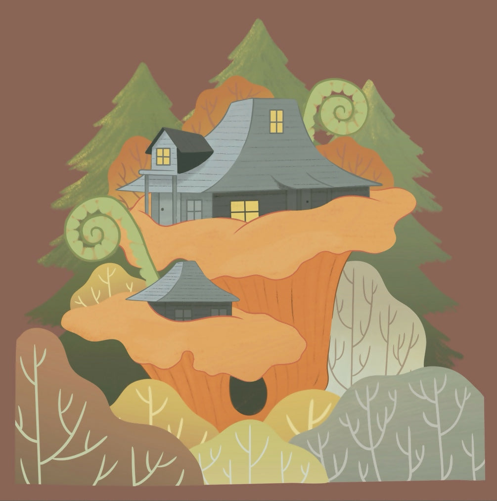 Square Illustrated Print - Fantasy Chanterelle Mushroom Home