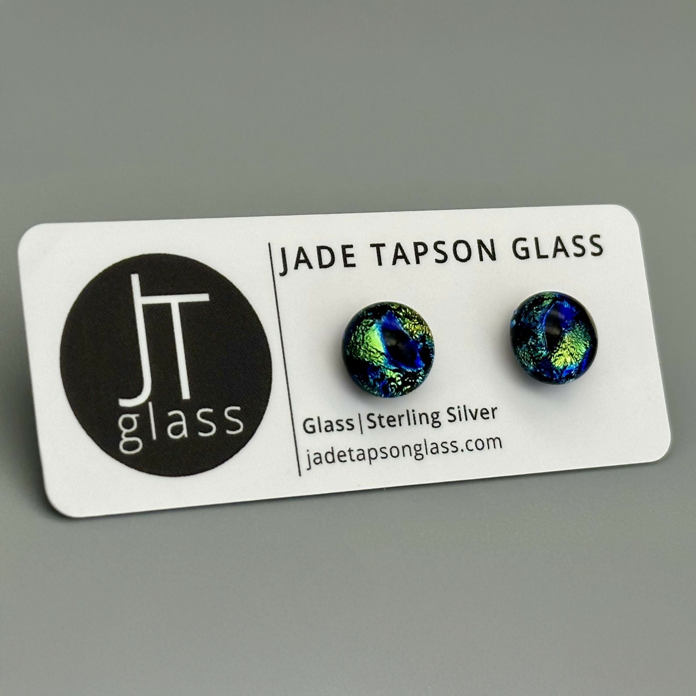 Green & Blue Raindrop Dichroic Fused Glass Sterling Silver Stud Earrings - Handmade by Jade Tapson Glass.