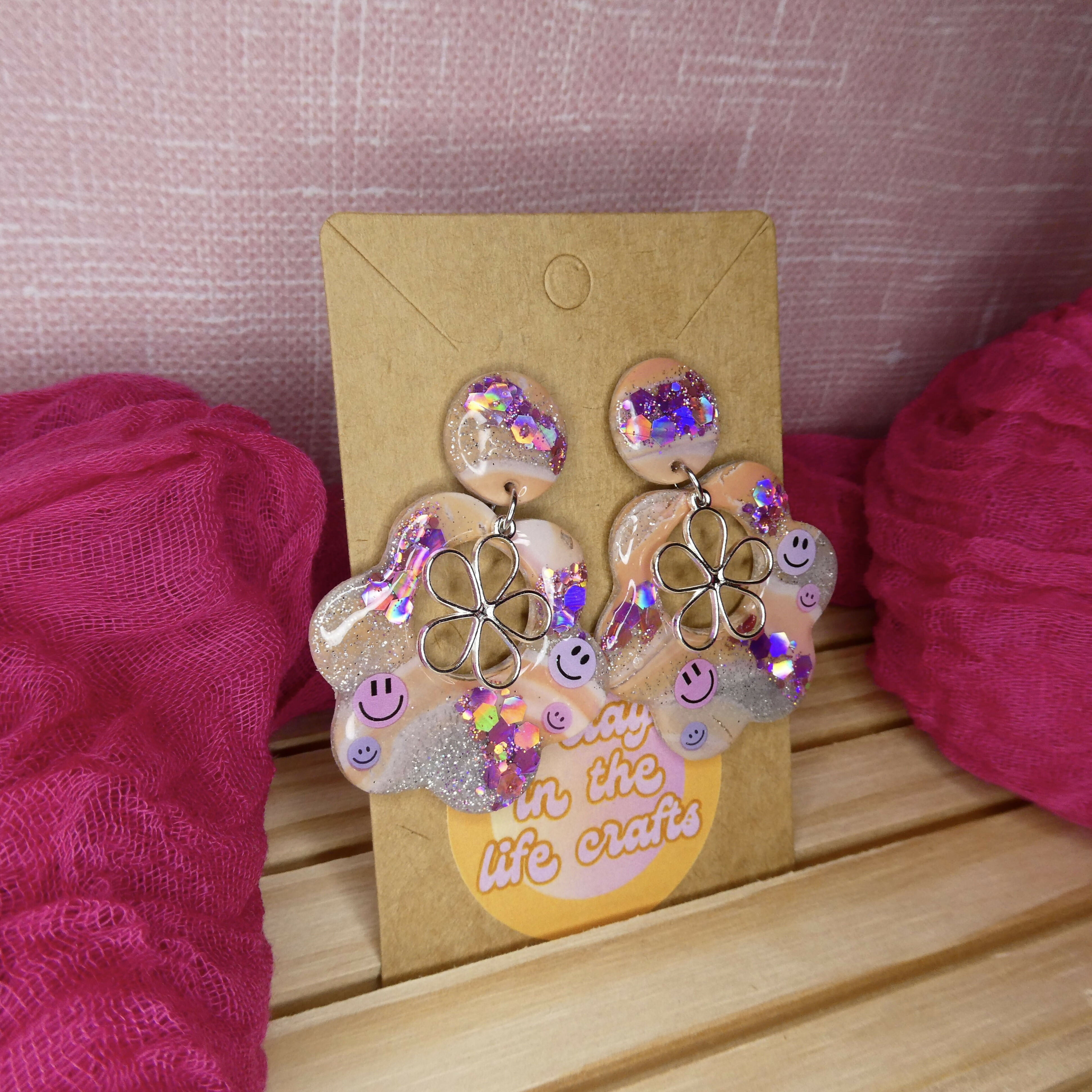 Swirly Pink, Purple And Silver Flower Polymer Clay Earrings