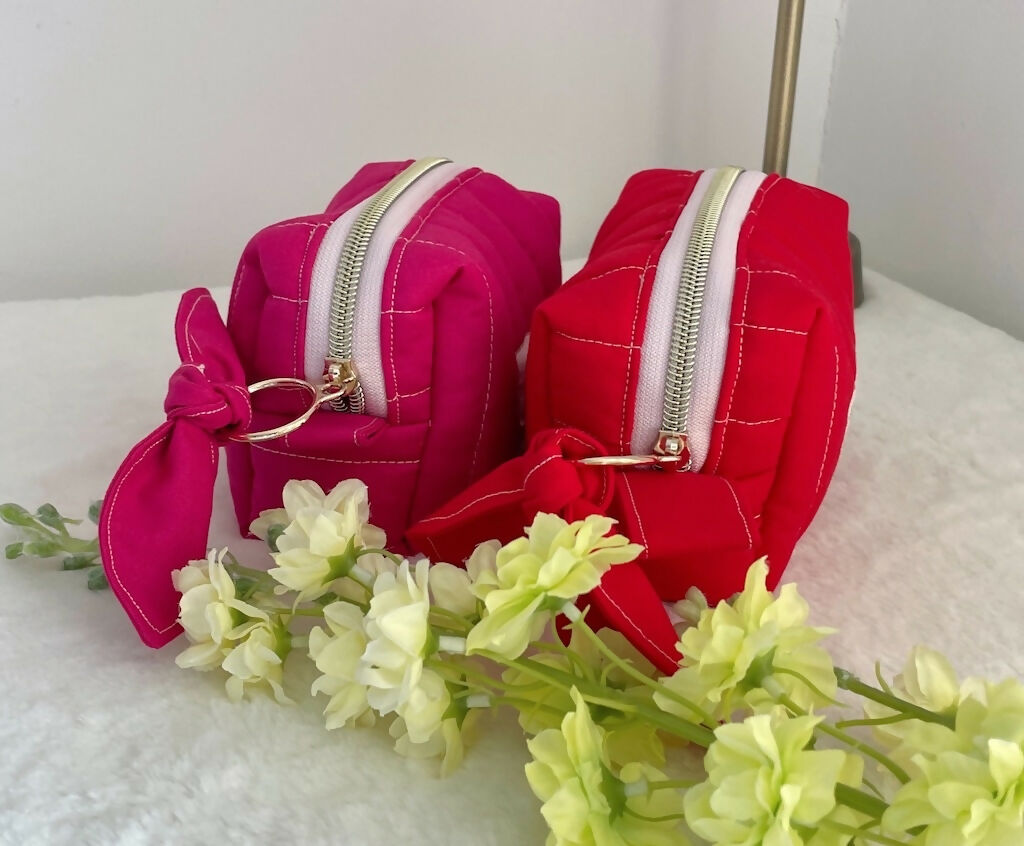 Small Quilted Toiletry Bag with Zipper in Red or Pink Colour