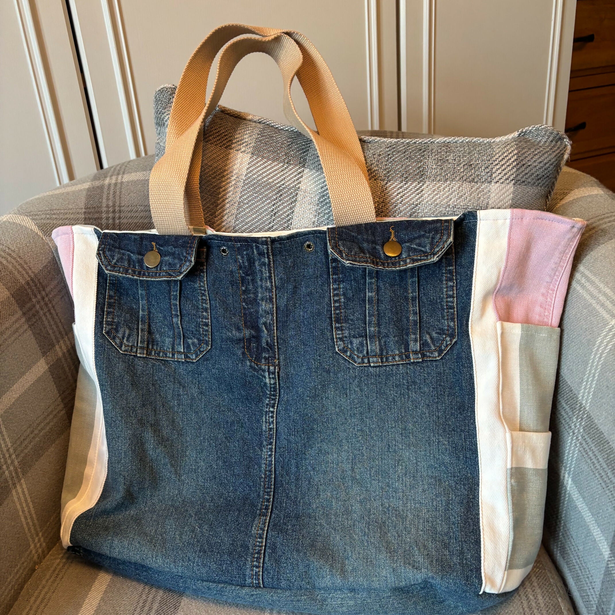 Unique Handcrafted Oversized Denim Tote Beach Bag Handbag Made From Upcycled Blue And White Jeans