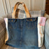Unique Handcrafted Oversized Denim Tote Beach Bag Handbag Made From Upcycled Blue And White Jeans