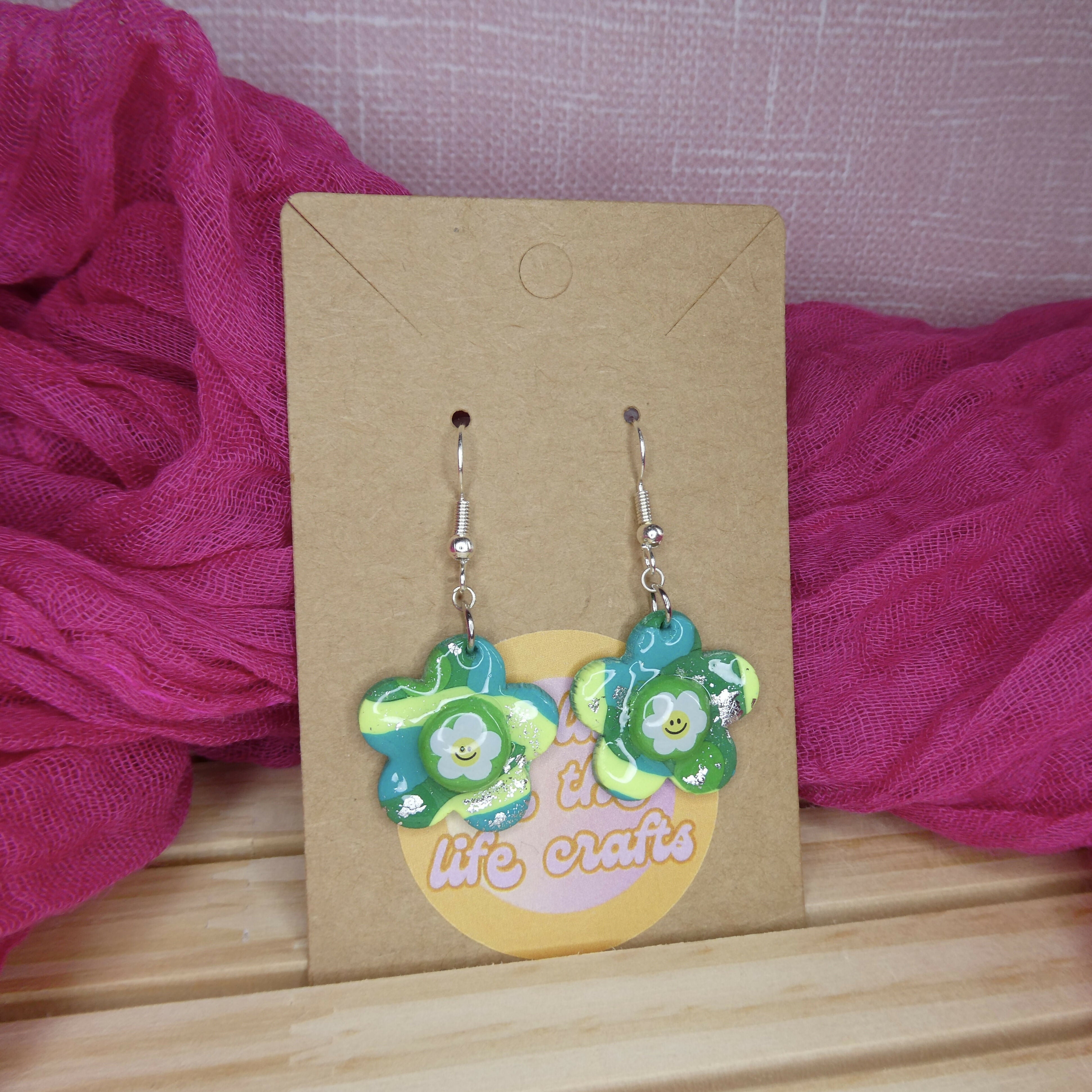 Funky Green Flower Polymer Clay Earrings With Smiley Detail