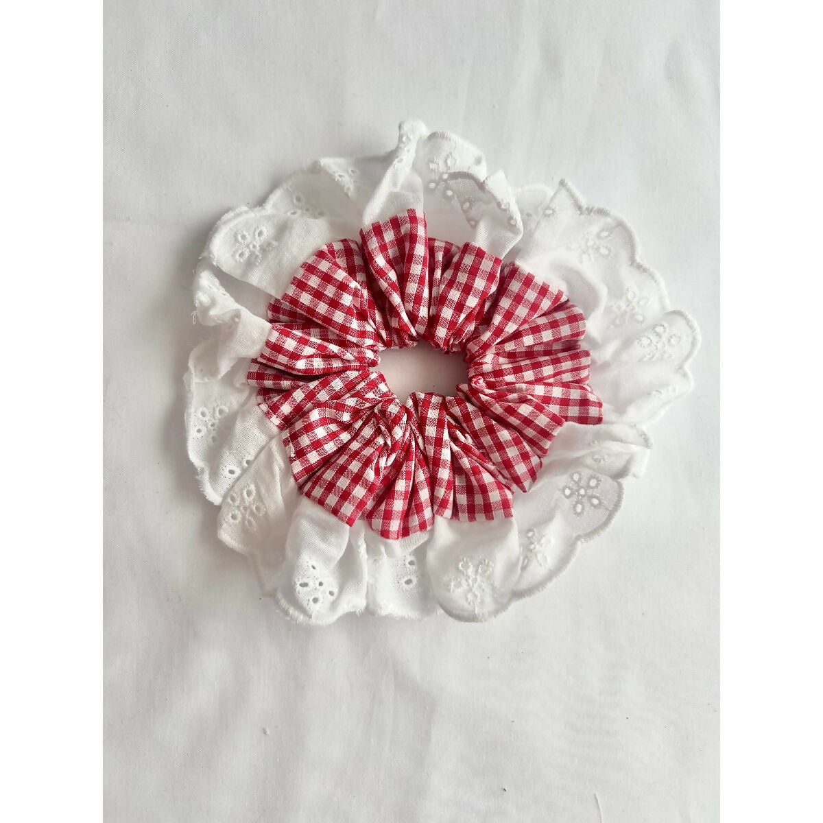 Red Gingham Oversized Ruffle Broderie Lace Hair Scrunchie