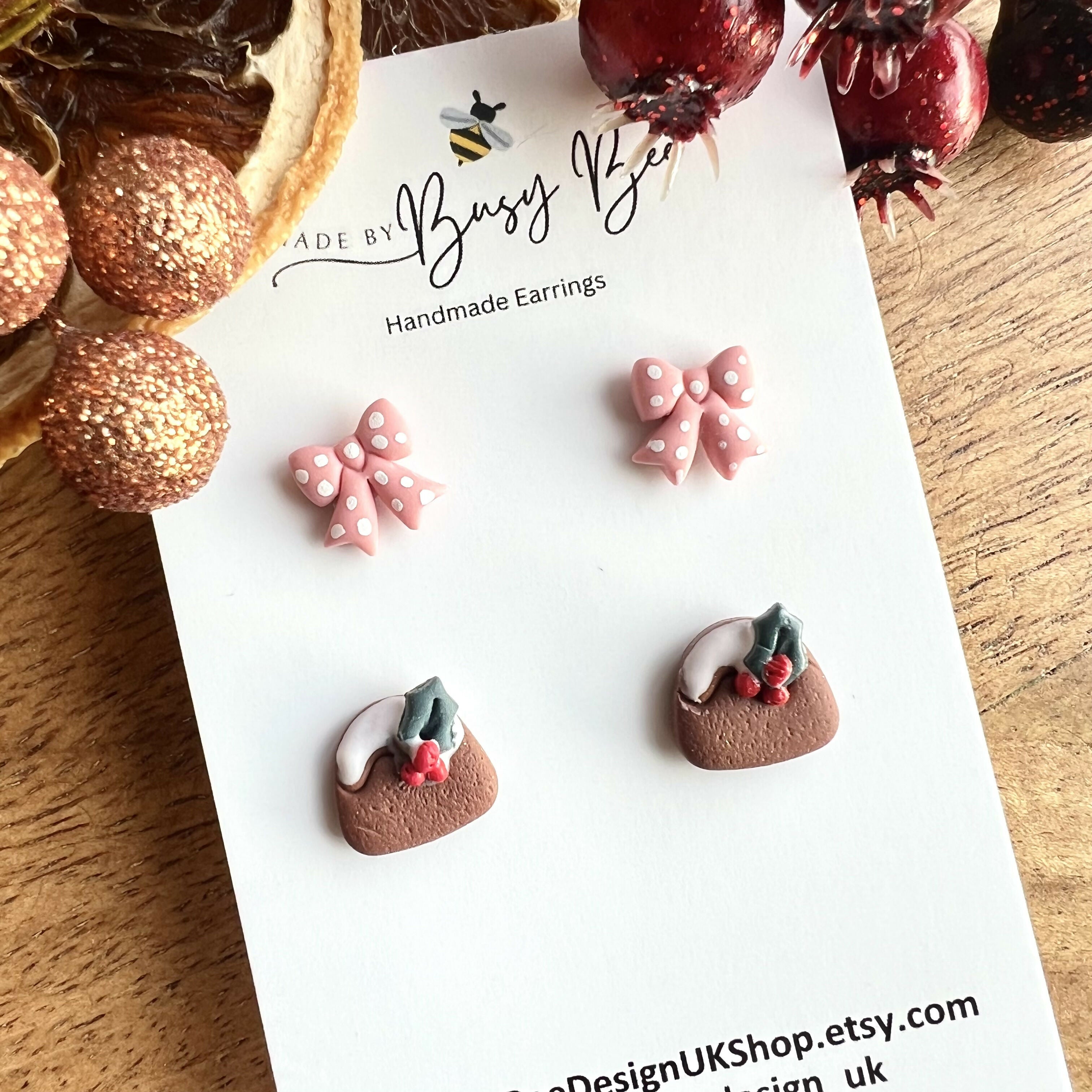 Handmade Christmas Stud Earrings / Set of 2 pairs of Studs / Handmade Polymer Clay Jewellery