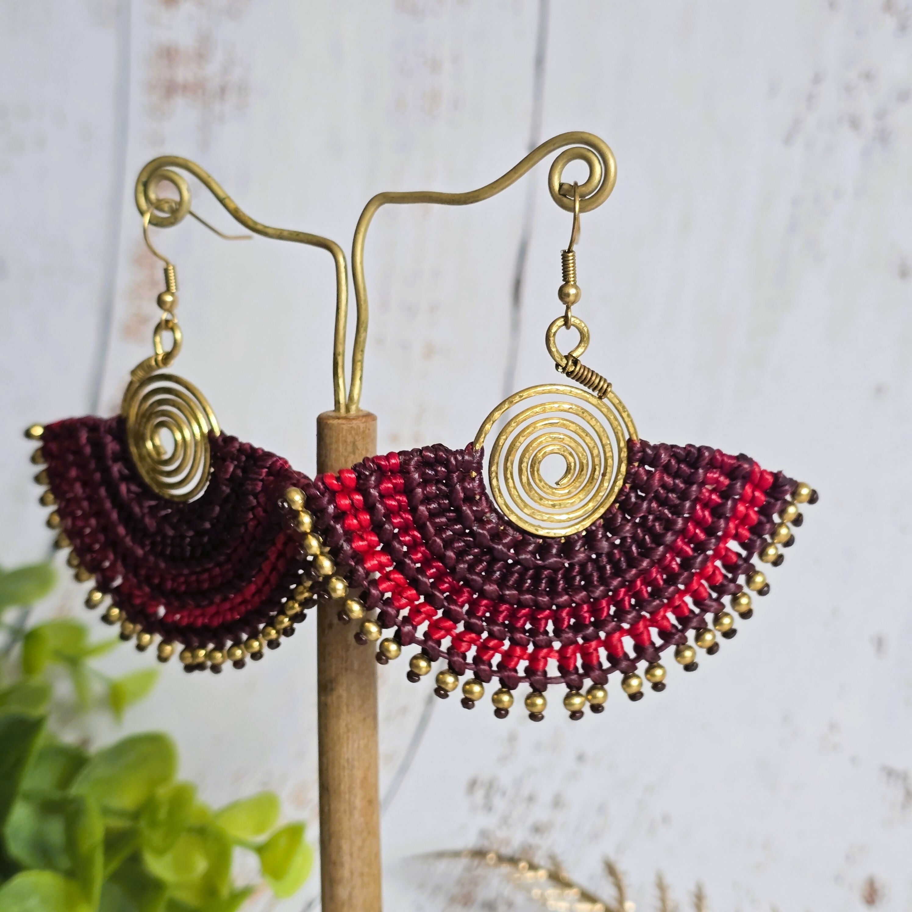 Red Macrame Fan Earrings; Statement Golden Spiral Wire-Art Thai Artisan Earrings