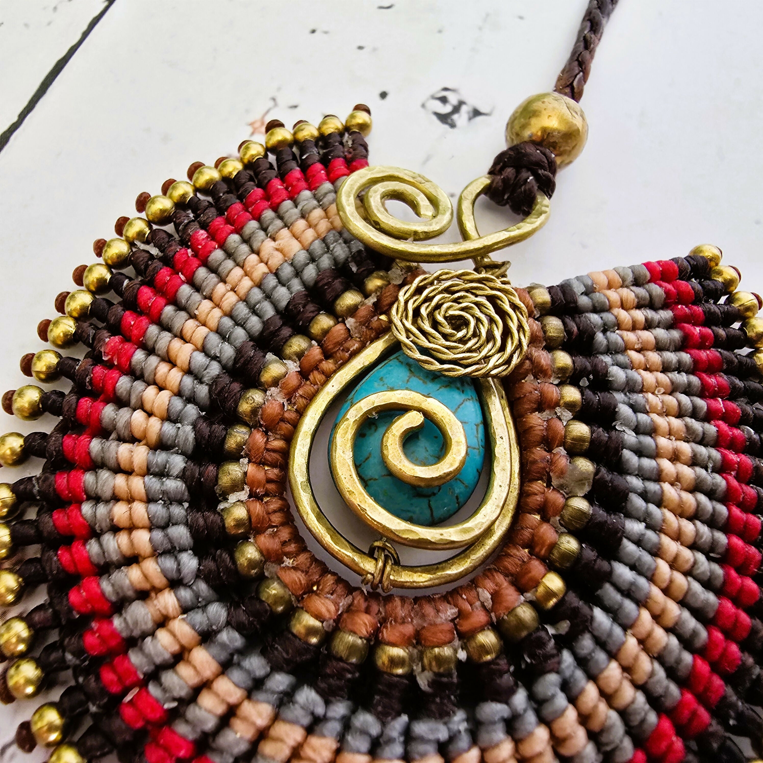 Turquoise Crystal Macramé Necklace; Regal Oval Bohemian Pendant with Gold Spiral Wire-Art