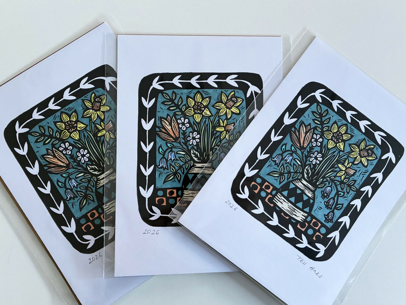 Original Linocut of Spring Flowers in a Vase.
