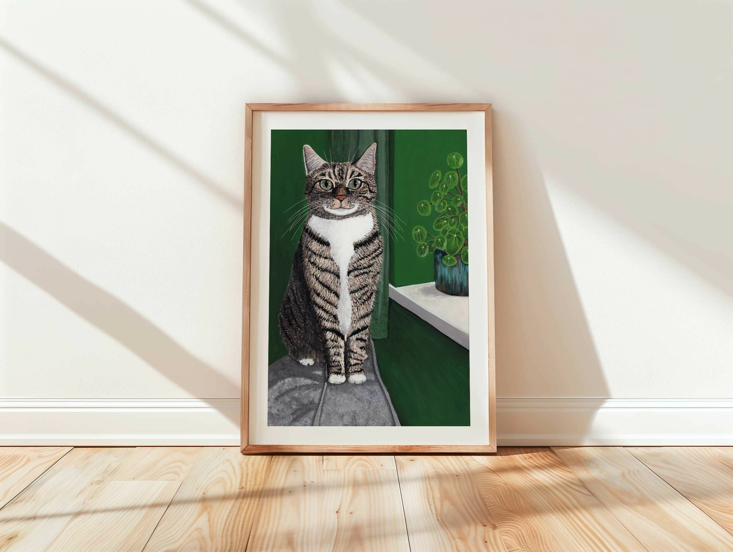 Tabby Cat Green Art Print A4