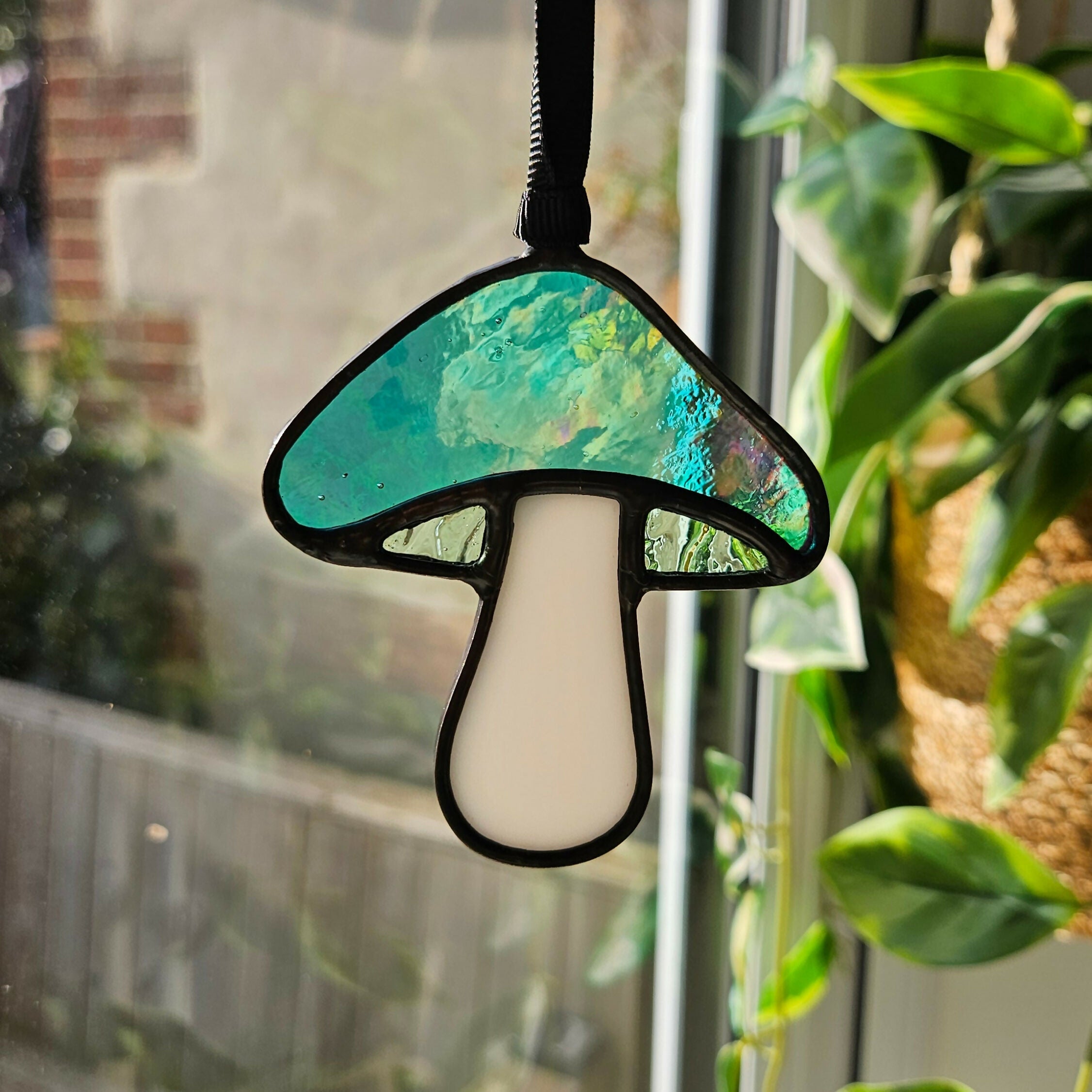 Iridescent Teal Green Mushroom Stained Glass Suncatcher