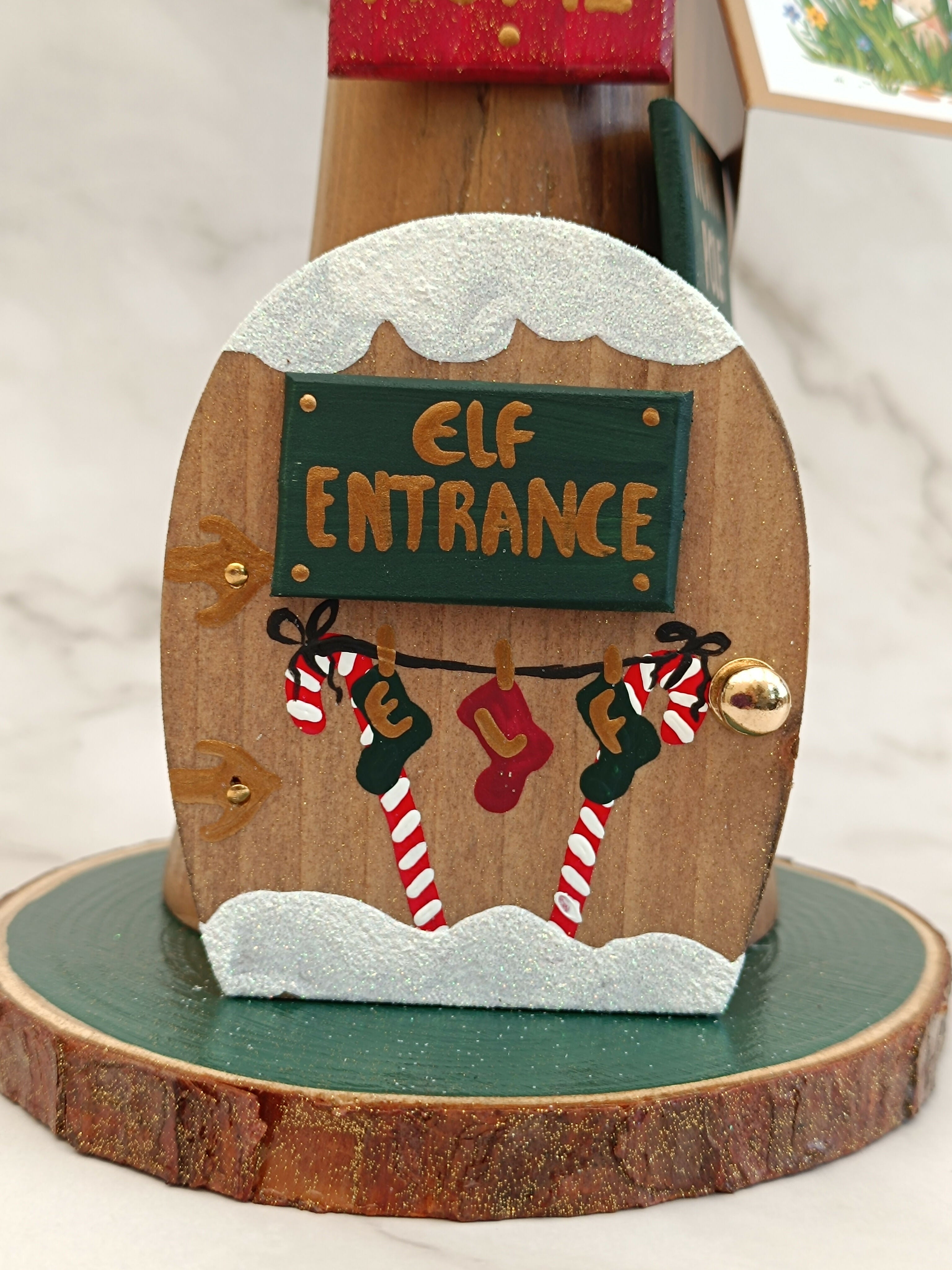 30cm Green Handmade Free Standing Painted Wooden Rounded Topped Toadstool Elf House - Whimsical Woodland Ornament & Holiday Keepsake