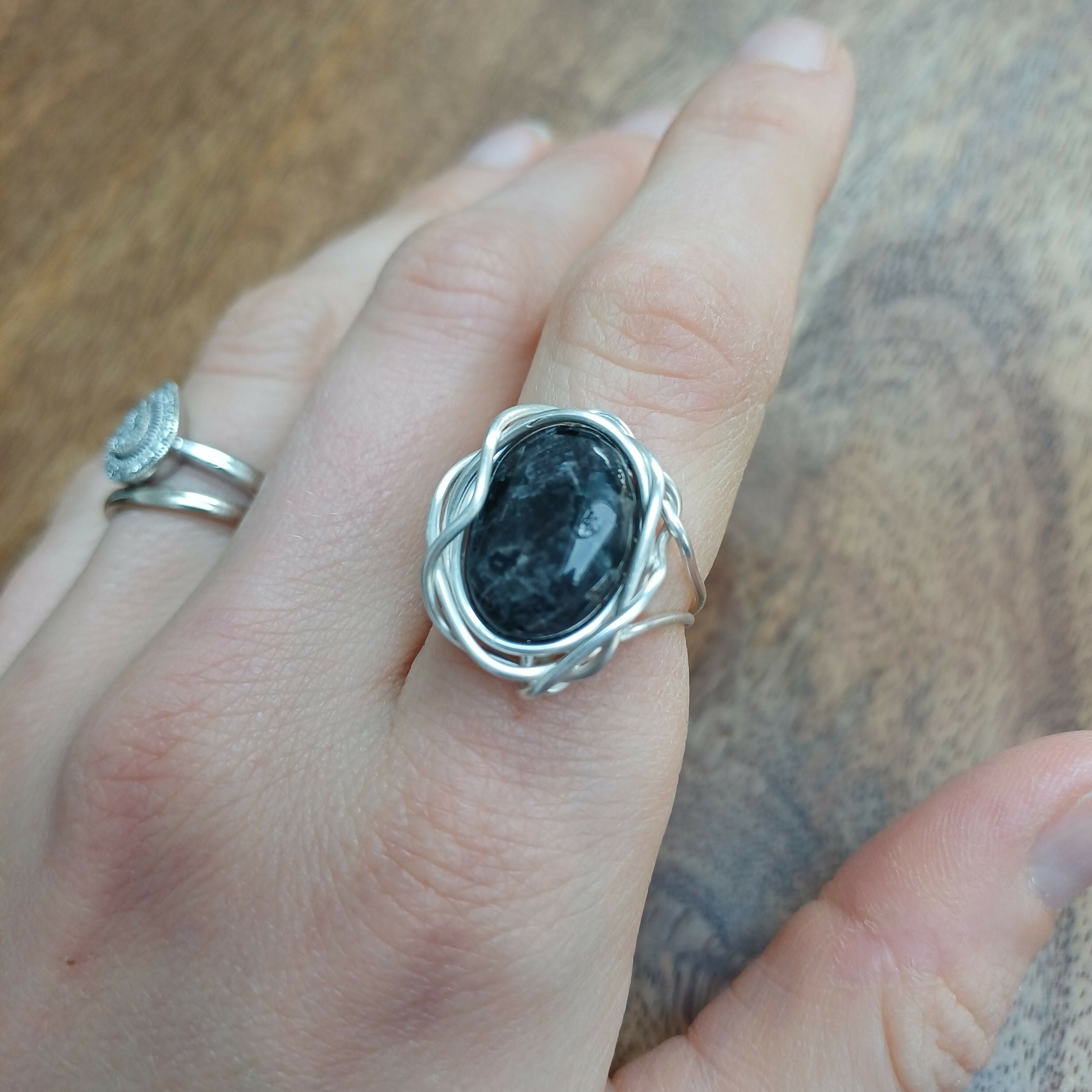 Larvikite Wire Wrapped Adjustable Ring