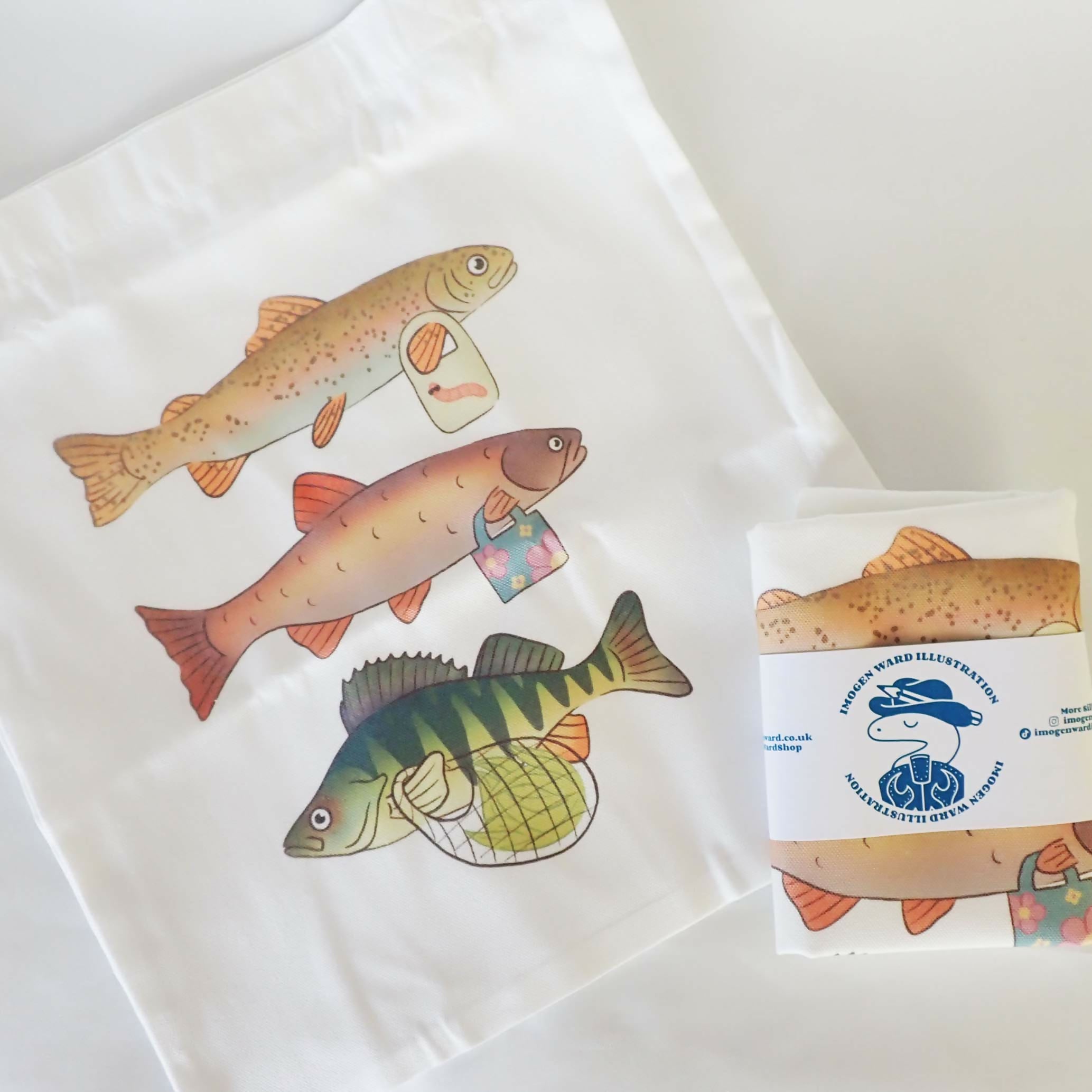 Fish say no to plastic! Handprinted, Illustrated Natural tote bag
